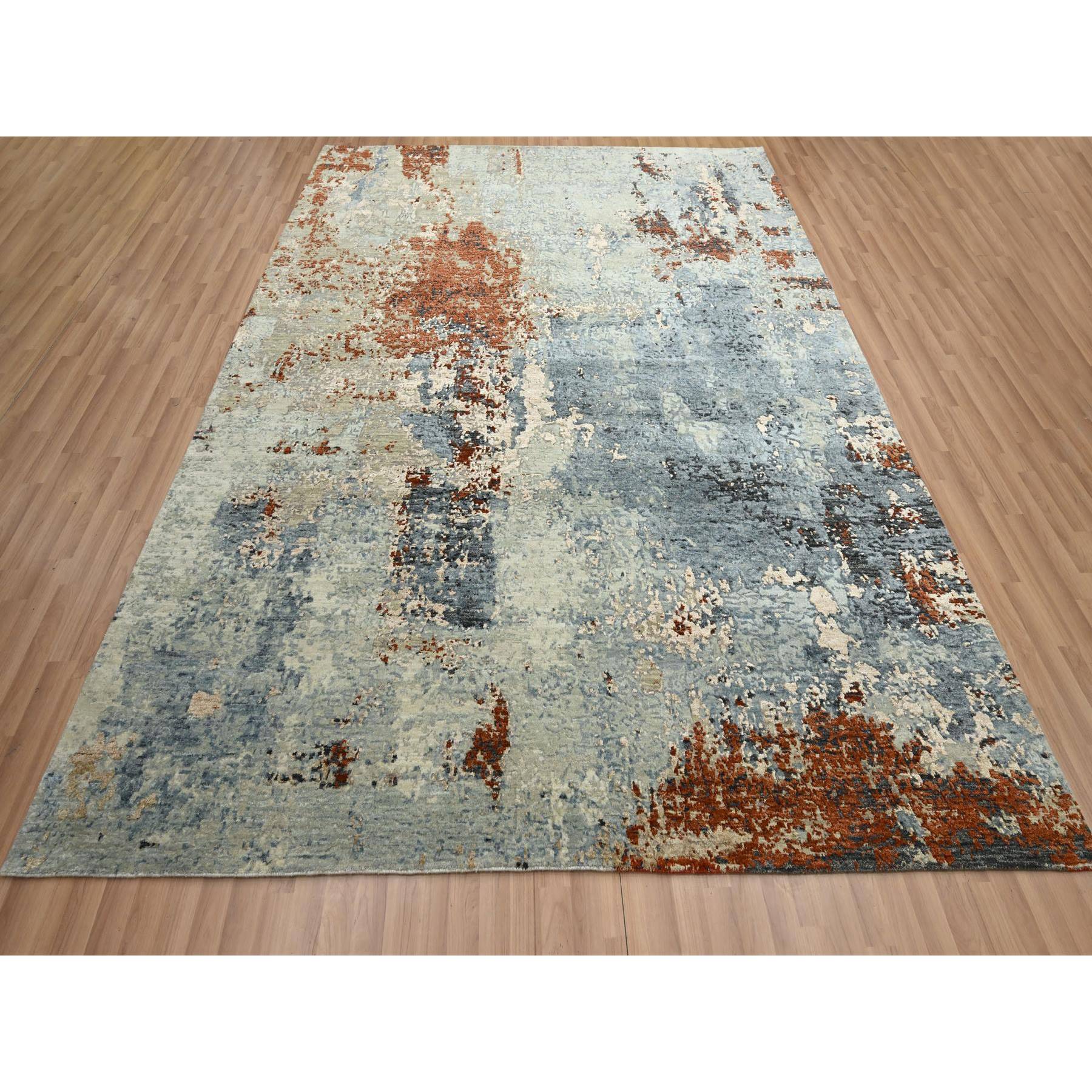 8'1"x10'2" Pewter Gray with Beige, Persian Knot, Abstract with Galaxy Design, 100% Wool, Hand Knotted, Densely Woven, Oriental Rug Sh83133