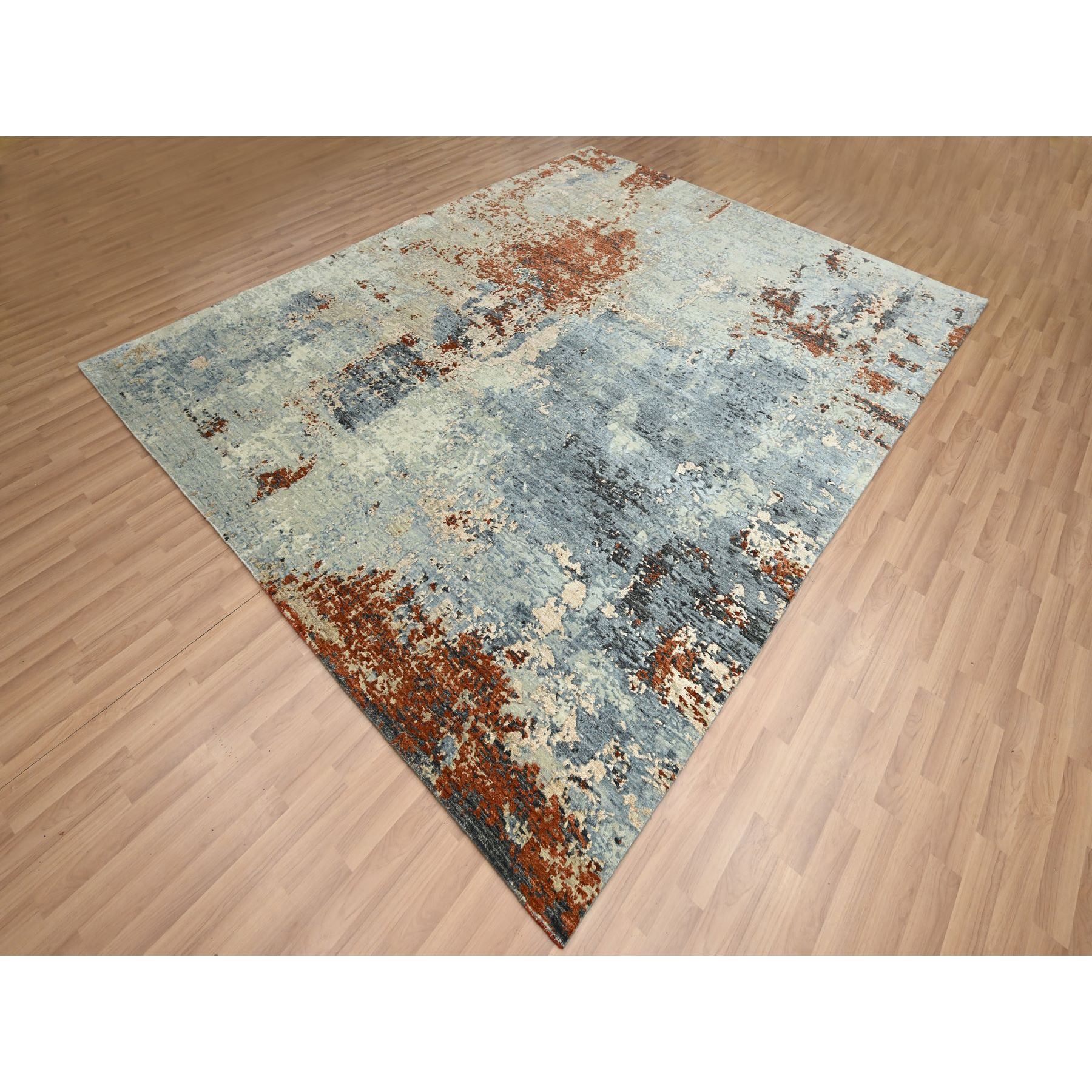 8'1"x10'2" Pewter Gray with Beige, Persian Knot, Abstract with Galaxy Design, 100% Wool, Hand Knotted, Densely Woven, Oriental Rug Sh83133