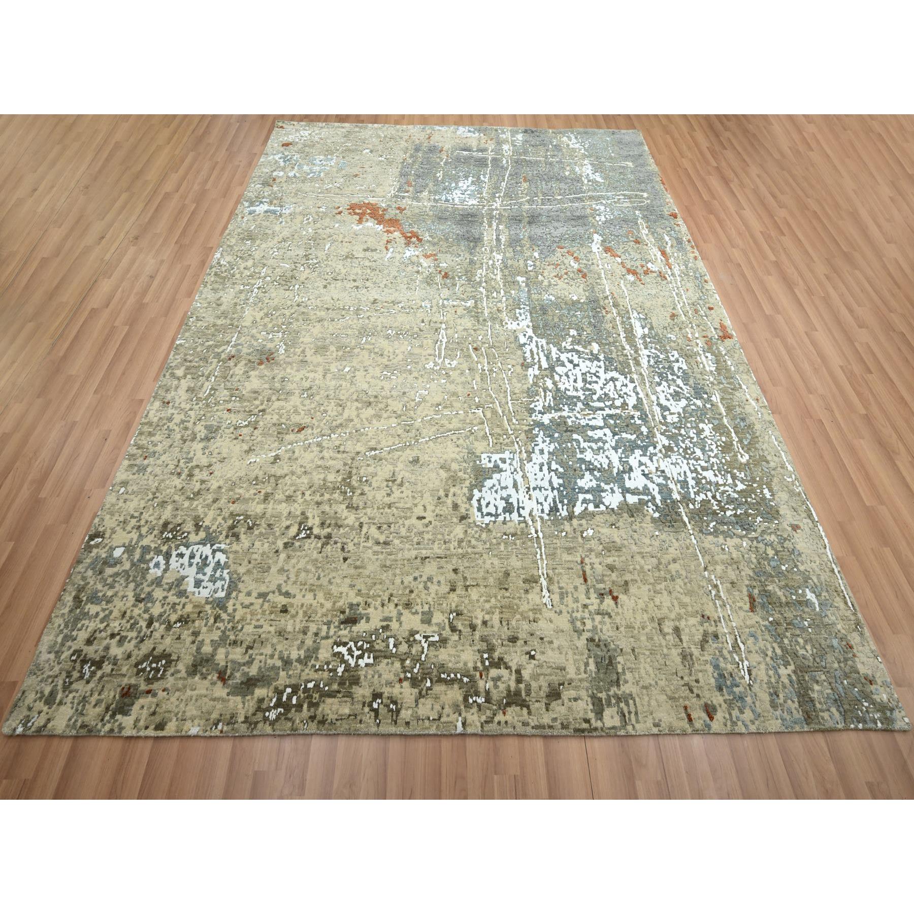 7'10"x10'2" Beige with Green, Pure Wool, Abstract with Galaxy Design, Persian Knot, Hand Knotted, Densely Woven, Oriental Rug Sh83134