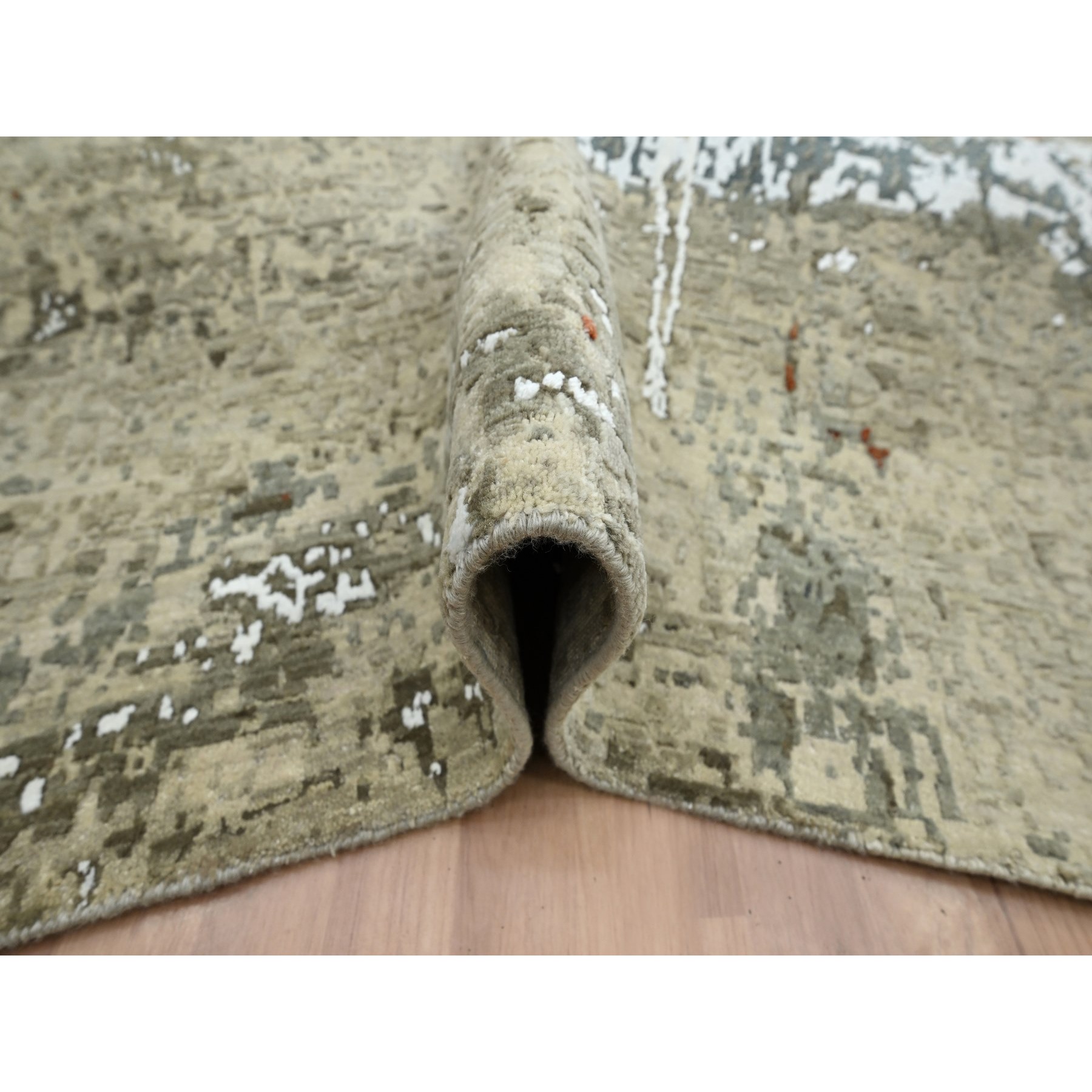7'10"x10'2" Beige with Green, Pure Wool, Abstract with Galaxy Design, Persian Knot, Hand Knotted, Densely Woven, Oriental Rug Sh83134