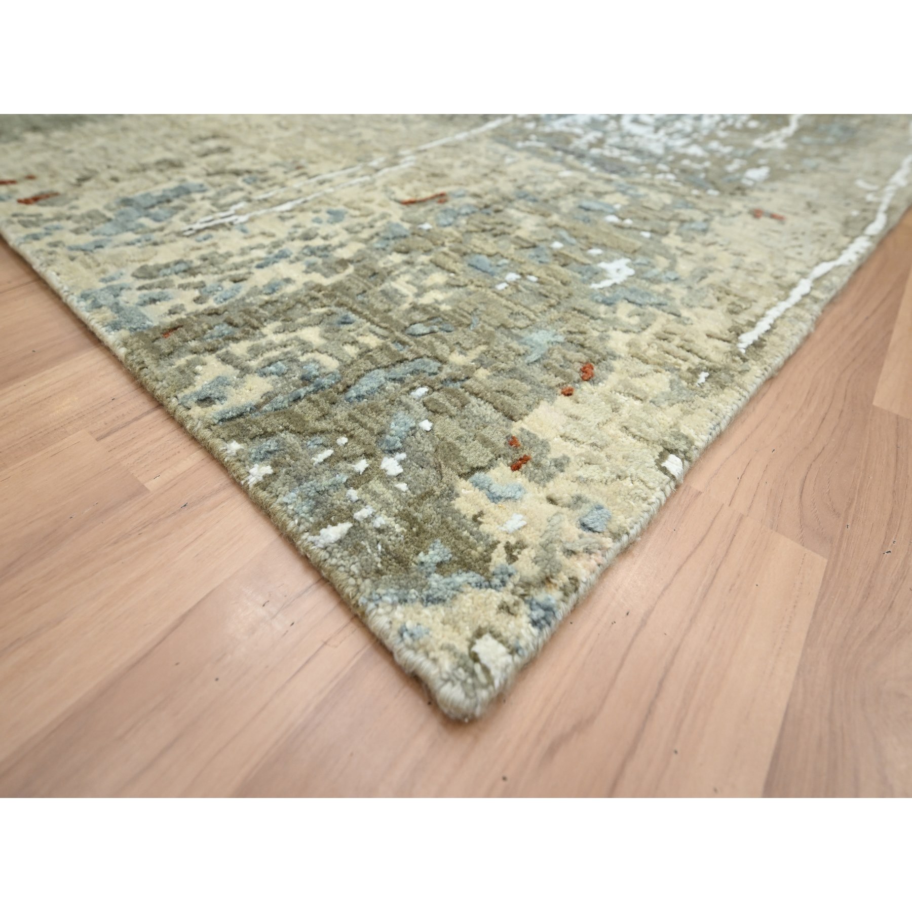 7'10"x10'2" Beige with Green, Pure Wool, Abstract with Galaxy Design, Persian Knot, Hand Knotted, Densely Woven, Oriental Rug Sh83134