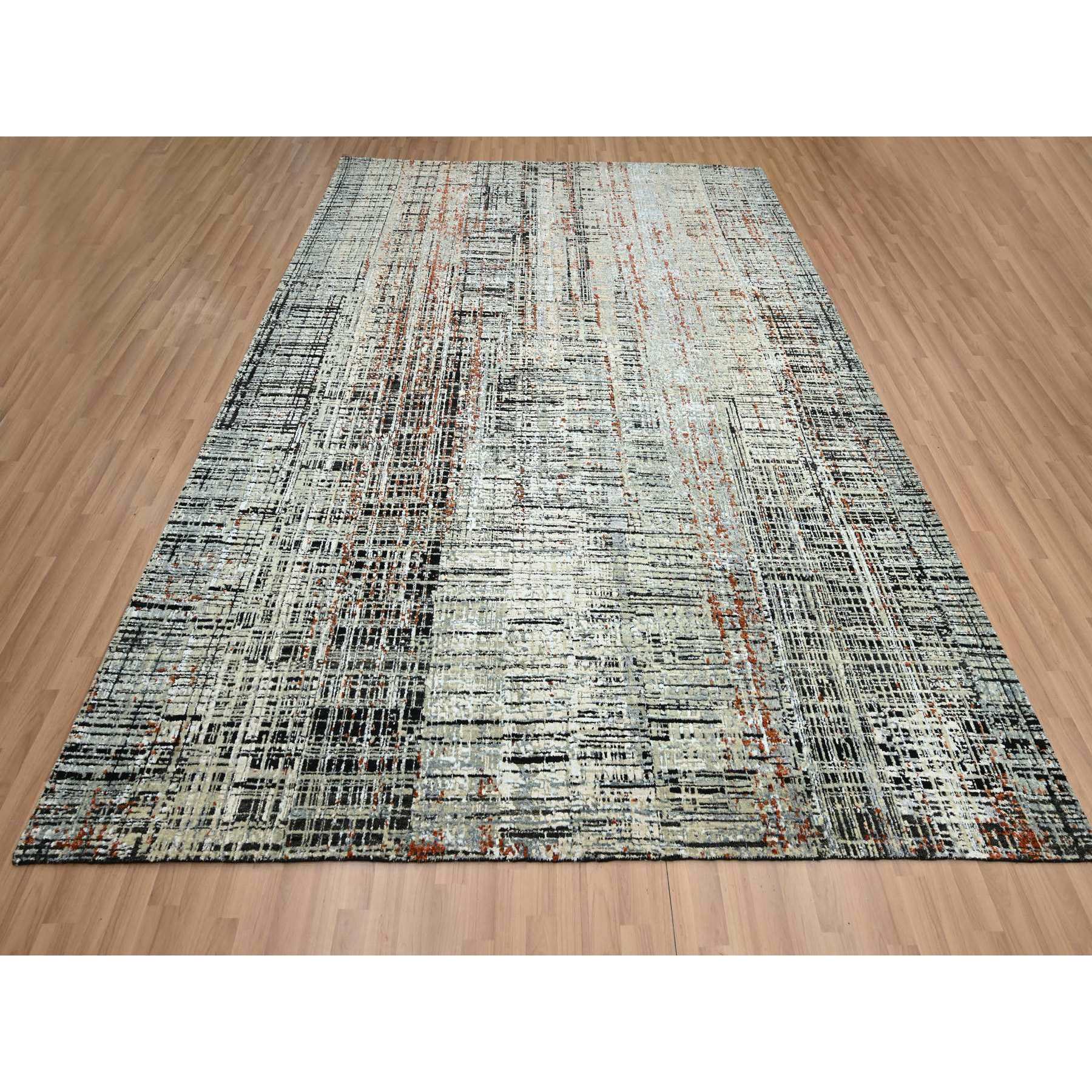 8'x10'3" Onyx Black with Beige, Abstract with Galaxy Design, Persian Knot, Densely Woven, 100% Wool, Hand Knotted, Oriental Rug Sh83135