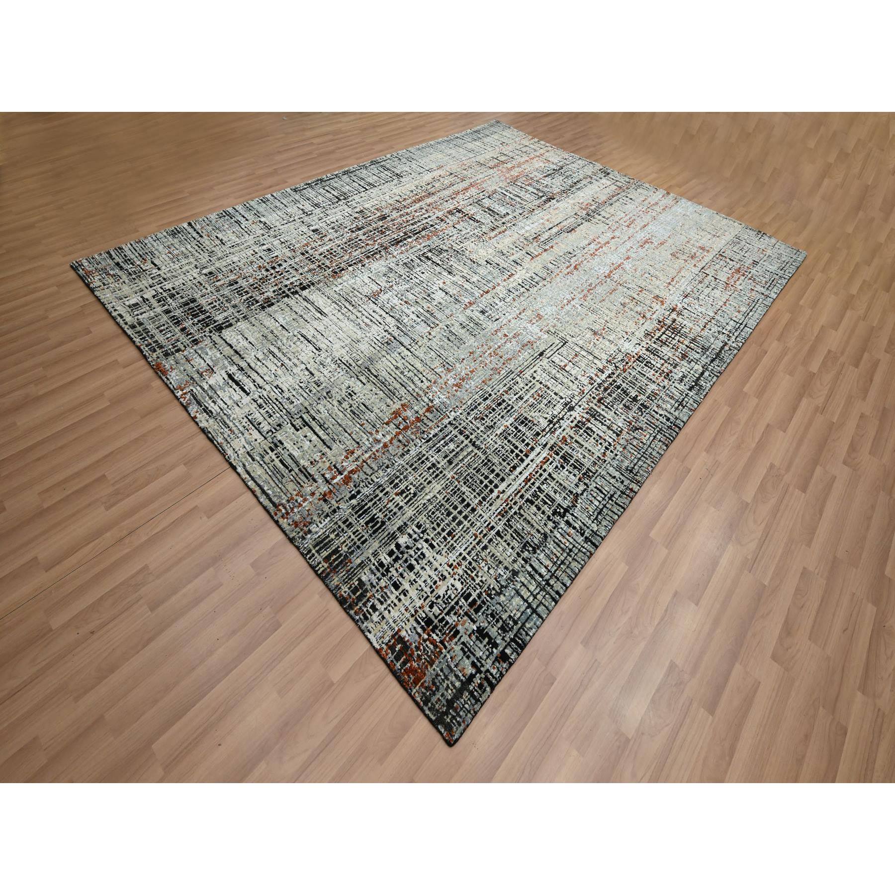 8'x10'3" Onyx Black with Beige, Abstract with Galaxy Design, Persian Knot, Densely Woven, 100% Wool, Hand Knotted, Oriental Rug Sh83135