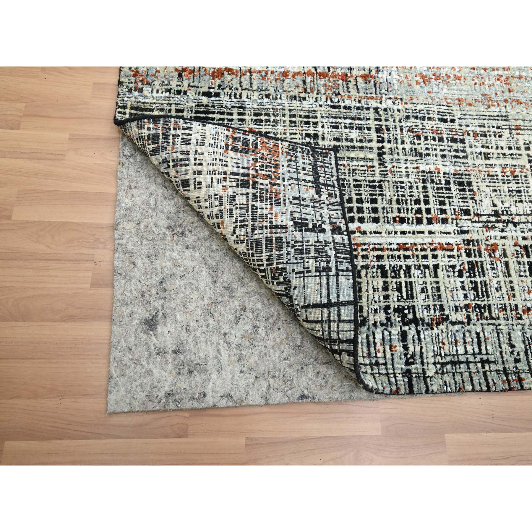 8'x10'3" Onyx Black with Beige, Abstract with Galaxy Design, Persian Knot, Densely Woven, 100% Wool, Hand Knotted, Oriental Rug Sh83135