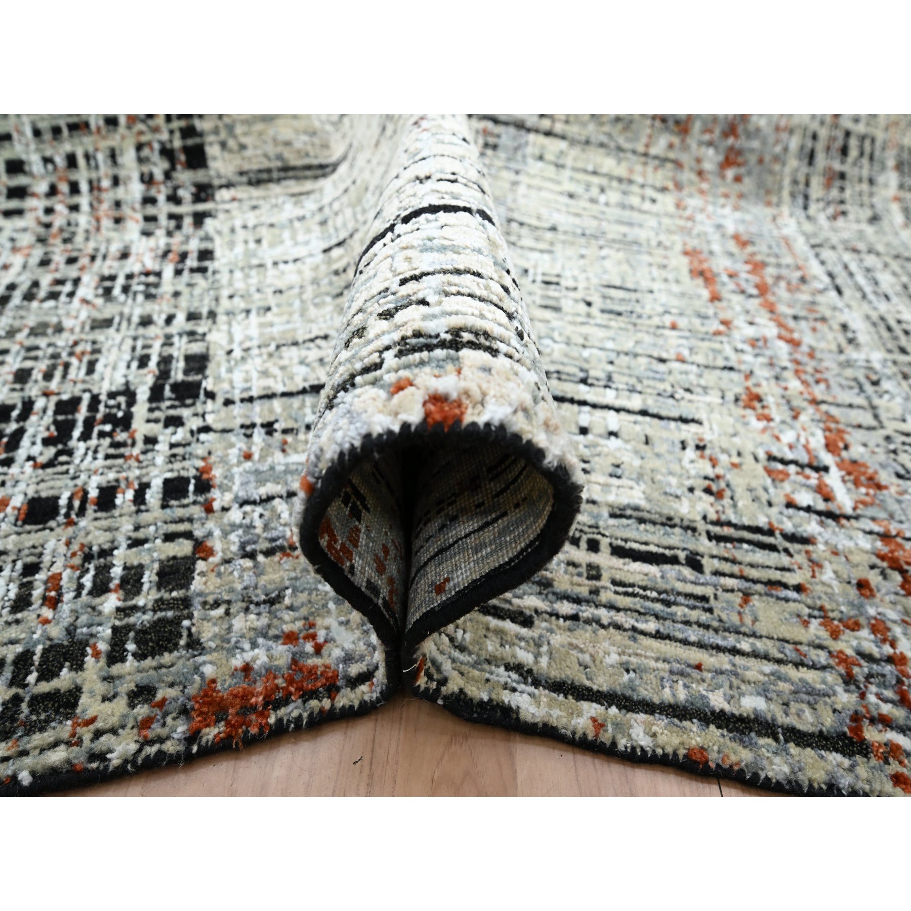 8'x10'3" Onyx Black with Beige, Abstract with Galaxy Design, Persian Knot, Densely Woven, 100% Wool, Hand Knotted, Oriental Rug Sh83135