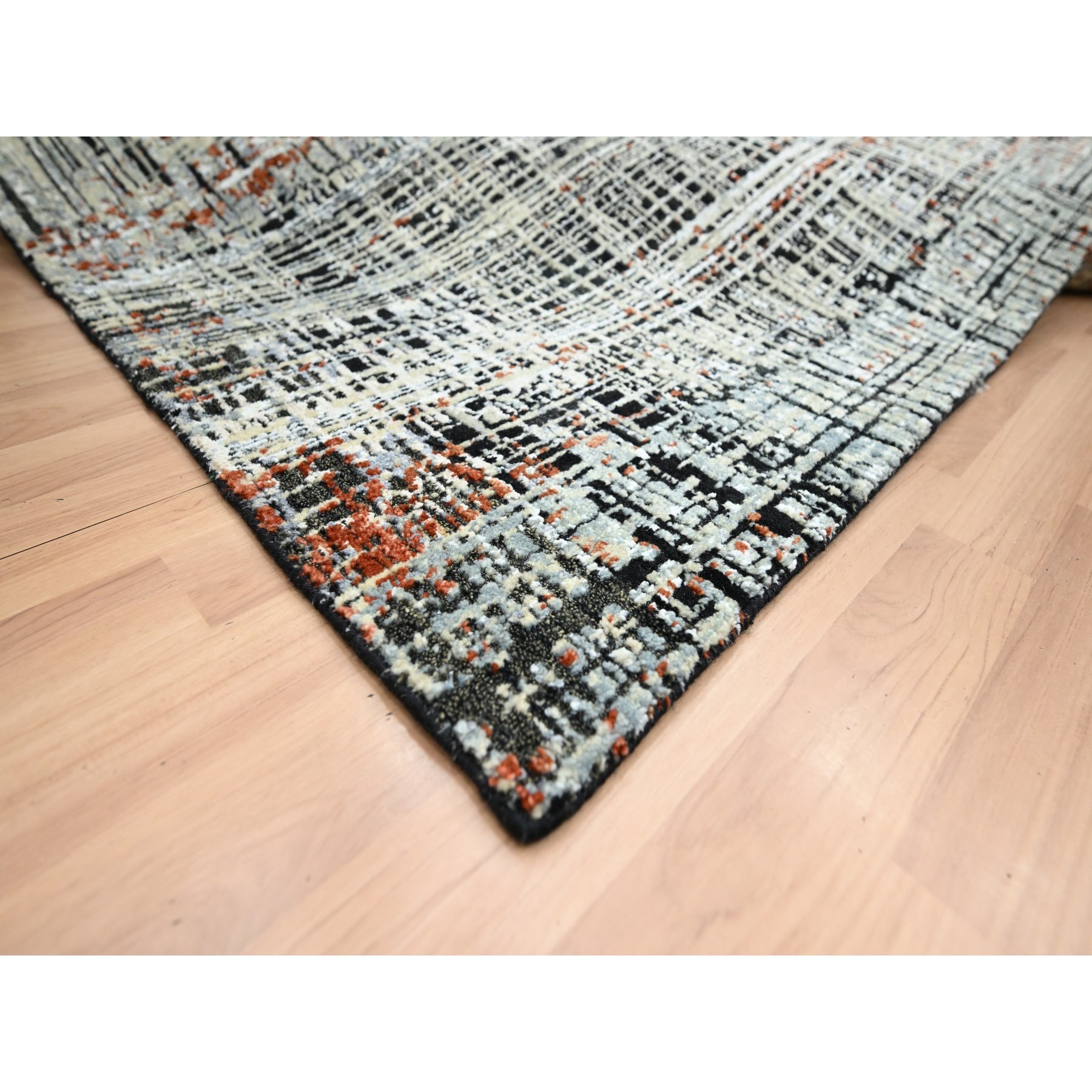 8'x10'3" Onyx Black with Beige, Abstract with Galaxy Design, Persian Knot, Densely Woven, 100% Wool, Hand Knotted, Oriental Rug Sh83135