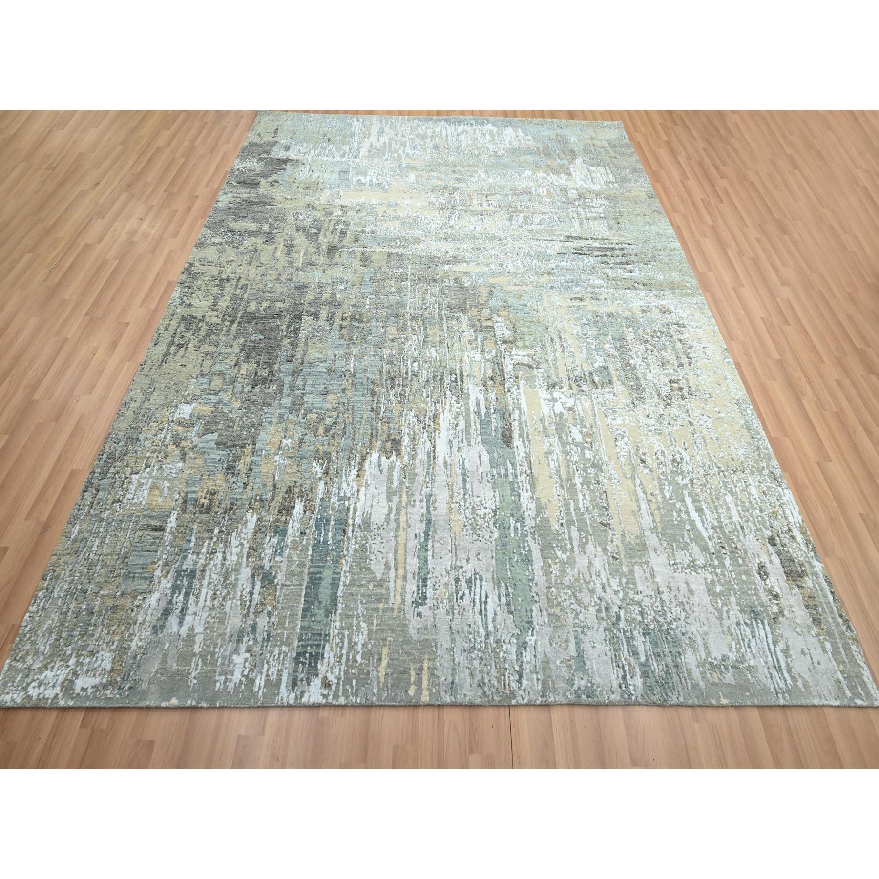 8'1"x10' Shades of Gray, Hand Knotted, Abstract with Galaxy Design, Persian Knot, 100% Wool, Densely Woven, Oriental Rug Sh83137
