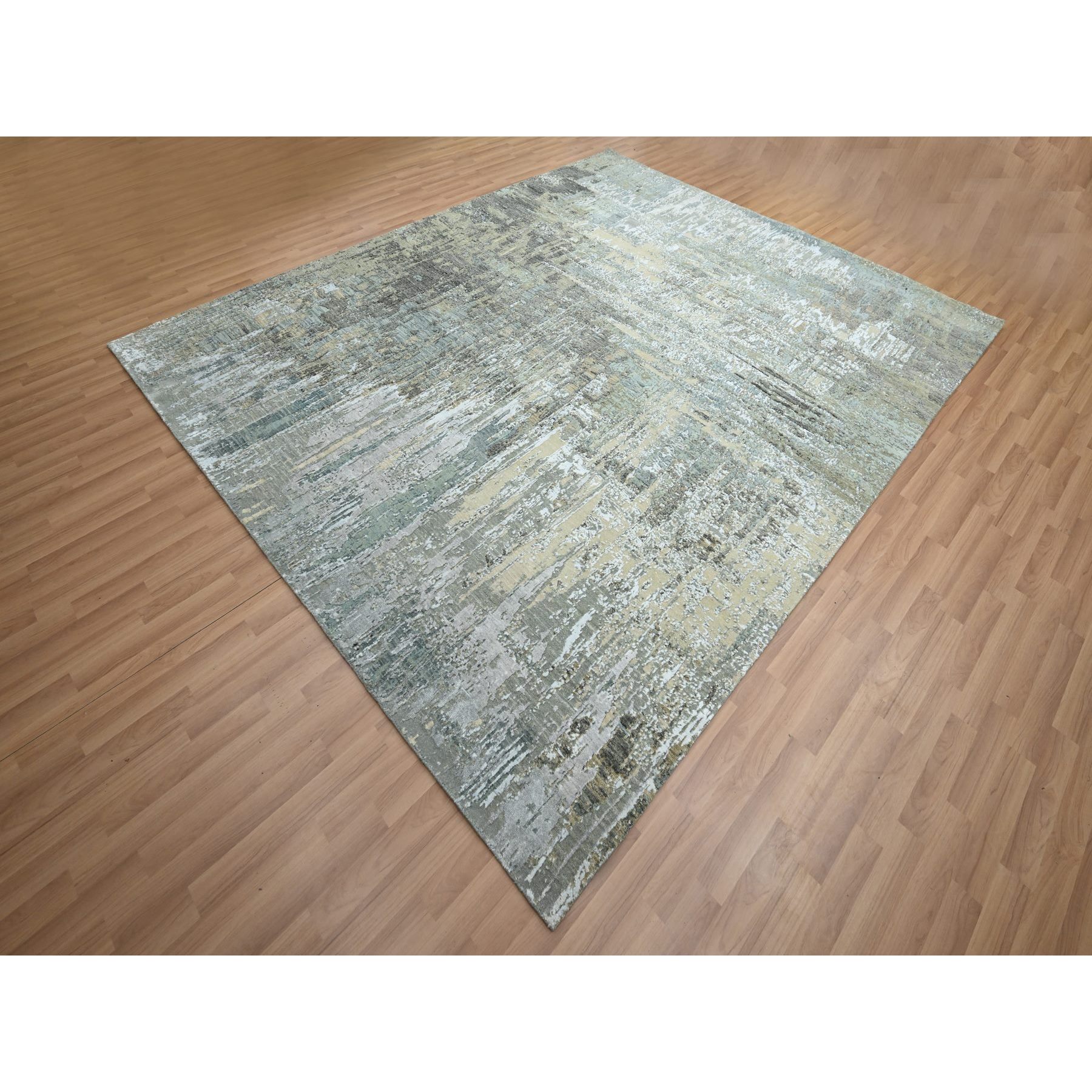 8'1"x10' Shades of Gray, Hand Knotted, Abstract with Galaxy Design, Persian Knot, 100% Wool, Densely Woven, Oriental Rug Sh83137