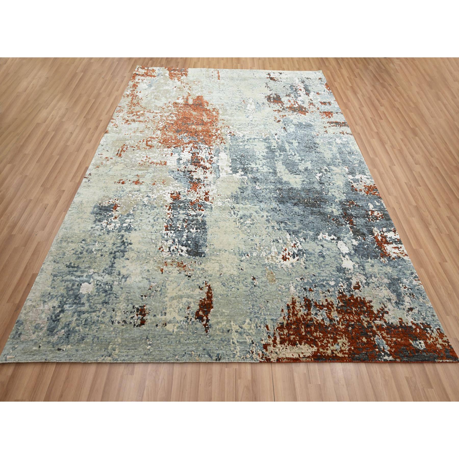 8'x10' Rust Red with Gray, Abstract with Galaxy Design, Persian Knot, Pure Wool, Hand Knotted, Densely Woven, Oriental Rug Sh83138