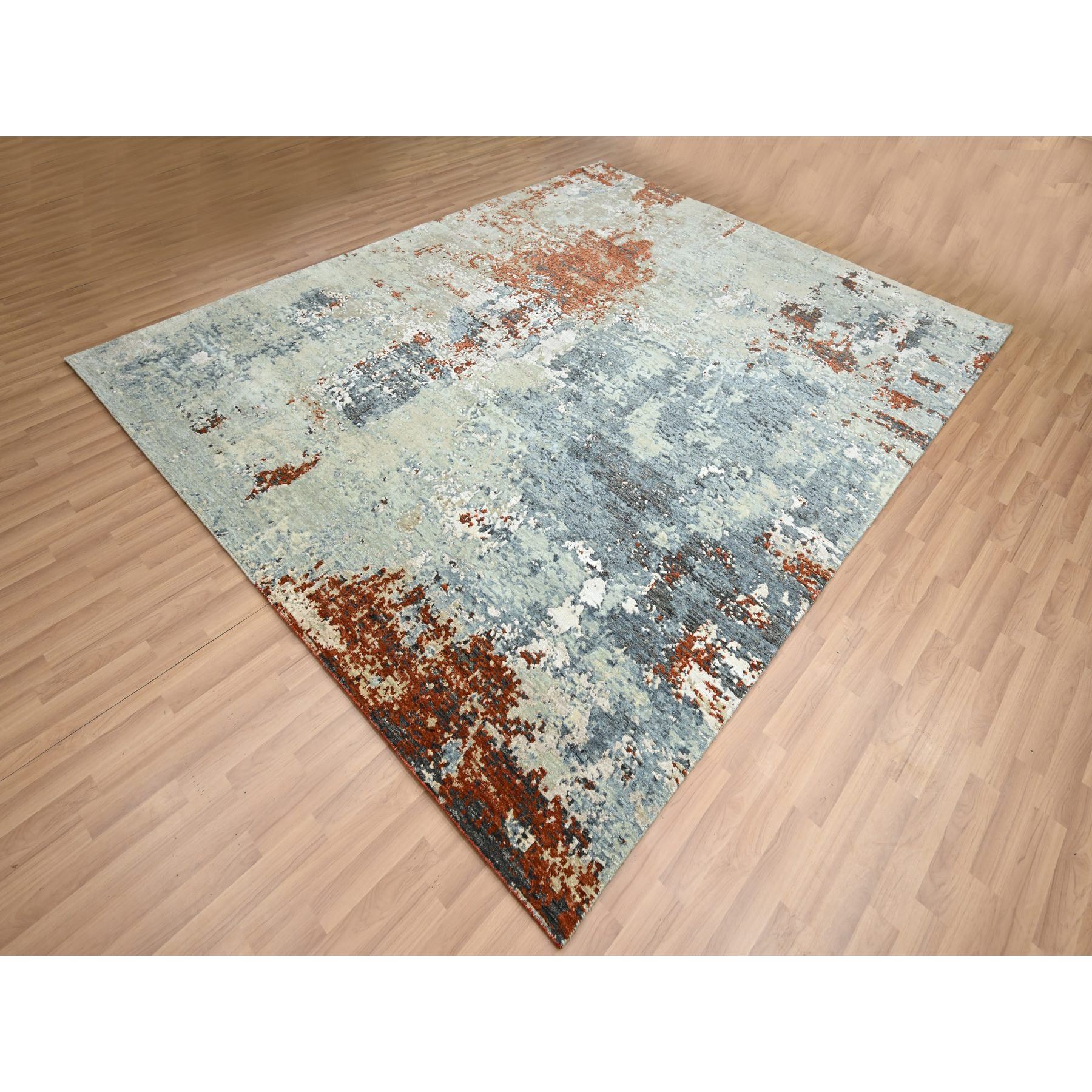 8'x10' Rust Red with Gray, Abstract with Galaxy Design, Persian Knot, Pure Wool, Hand Knotted, Densely Woven, Oriental Rug Sh83138