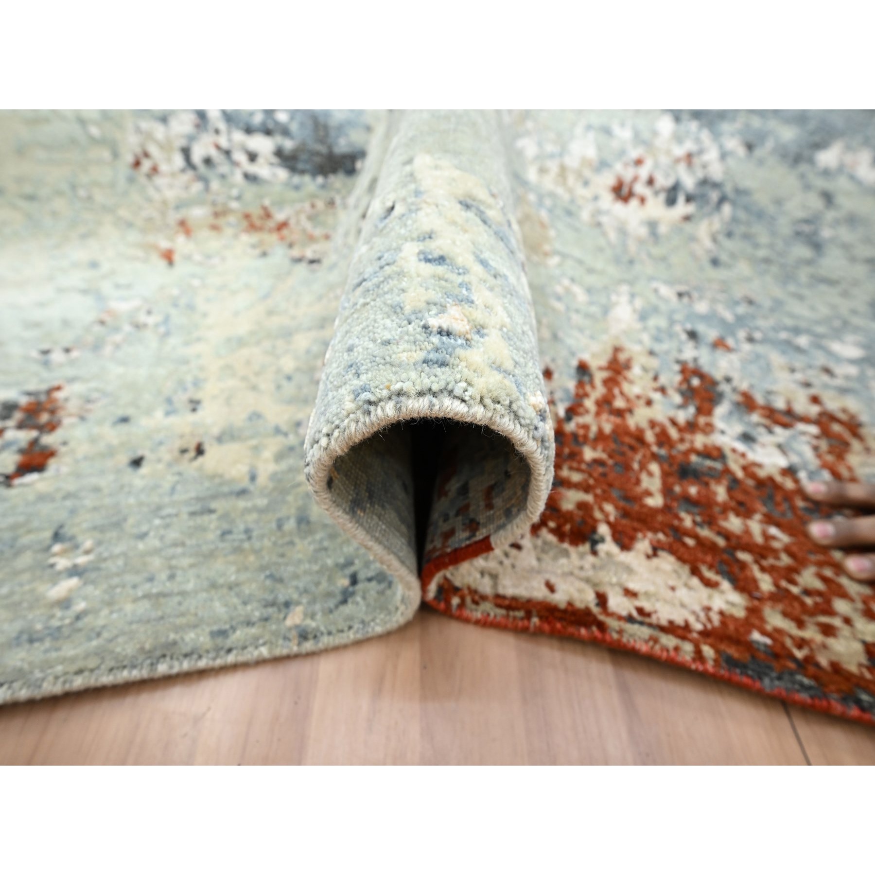 8'x10' Rust Red with Gray, Abstract with Galaxy Design, Persian Knot, Pure Wool, Hand Knotted, Densely Woven, Oriental Rug Sh83138