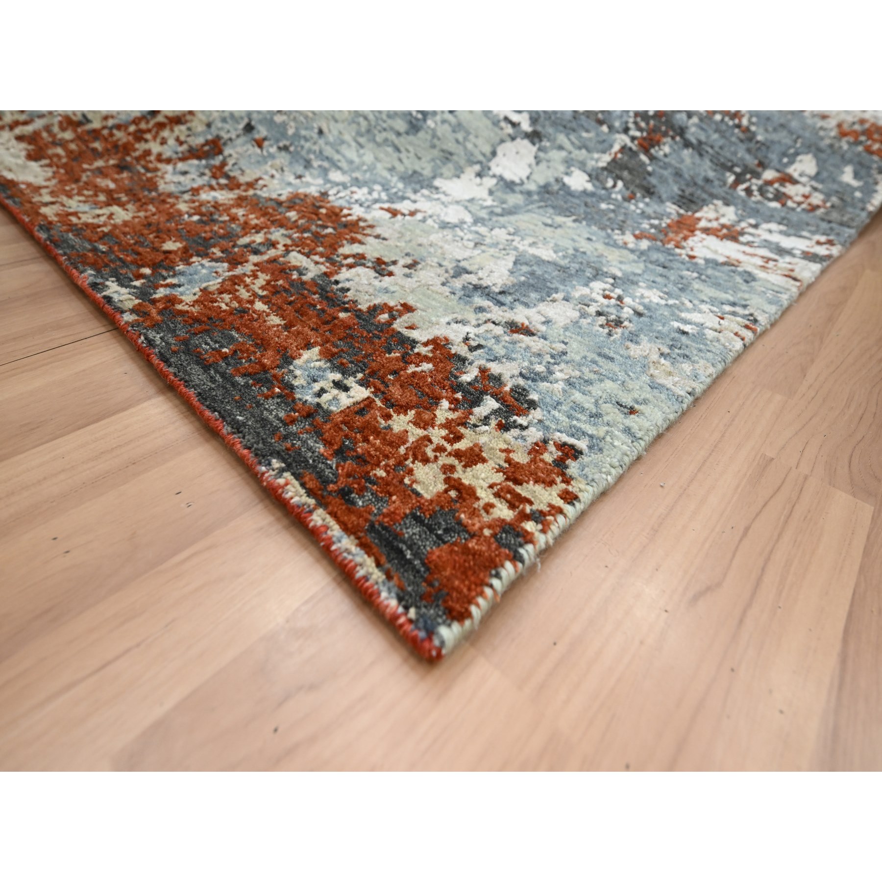8'x10' Rust Red with Gray, Abstract with Galaxy Design, Persian Knot, Pure Wool, Hand Knotted, Densely Woven, Oriental Rug Sh83138