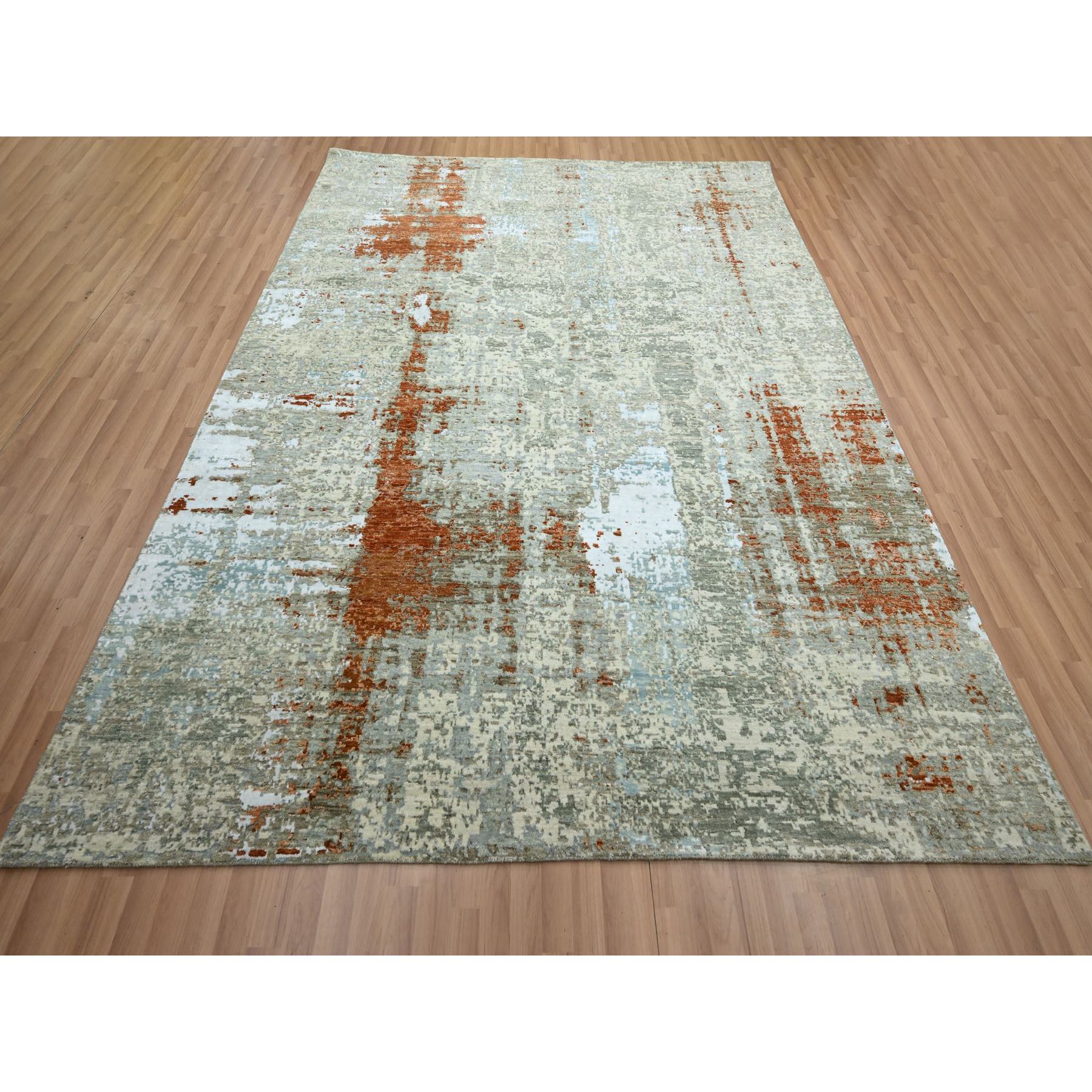 8'1"x10'3" Rust Red with Beige, Abstract with Galaxy Design, Persian Knot, 100% Wool, Hand Knotted, Densely Woven, Oriental Rug Sh83139