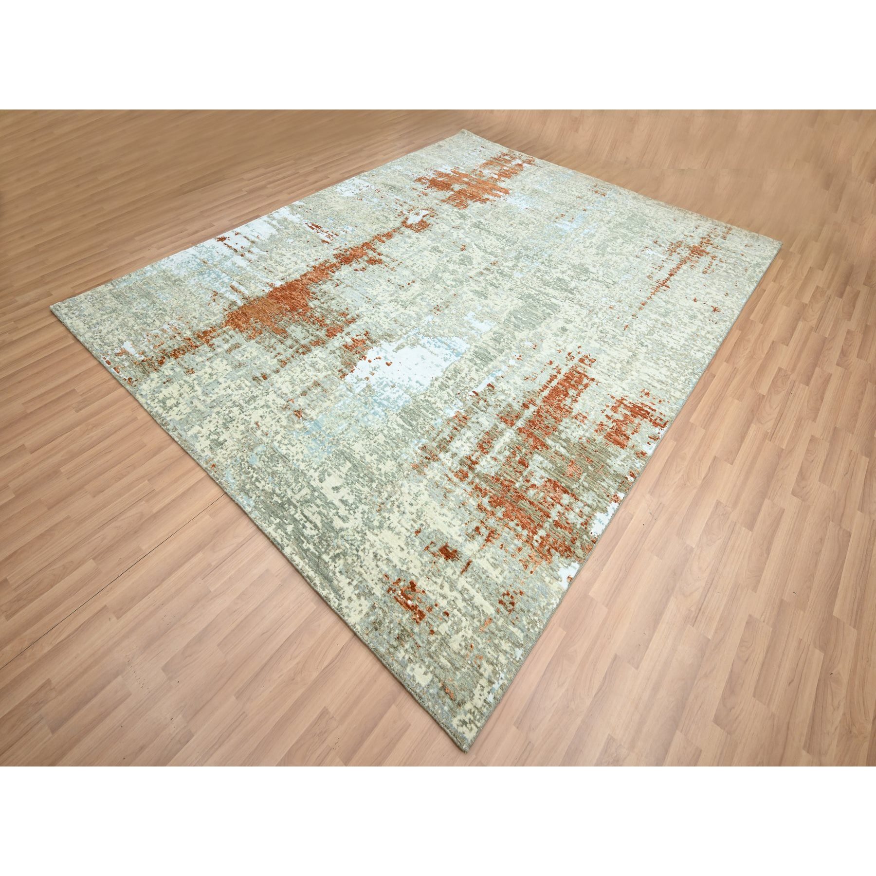 8'1"x10'3" Rust Red with Beige, Abstract with Galaxy Design, Persian Knot, 100% Wool, Hand Knotted, Densely Woven, Oriental Rug Sh83139