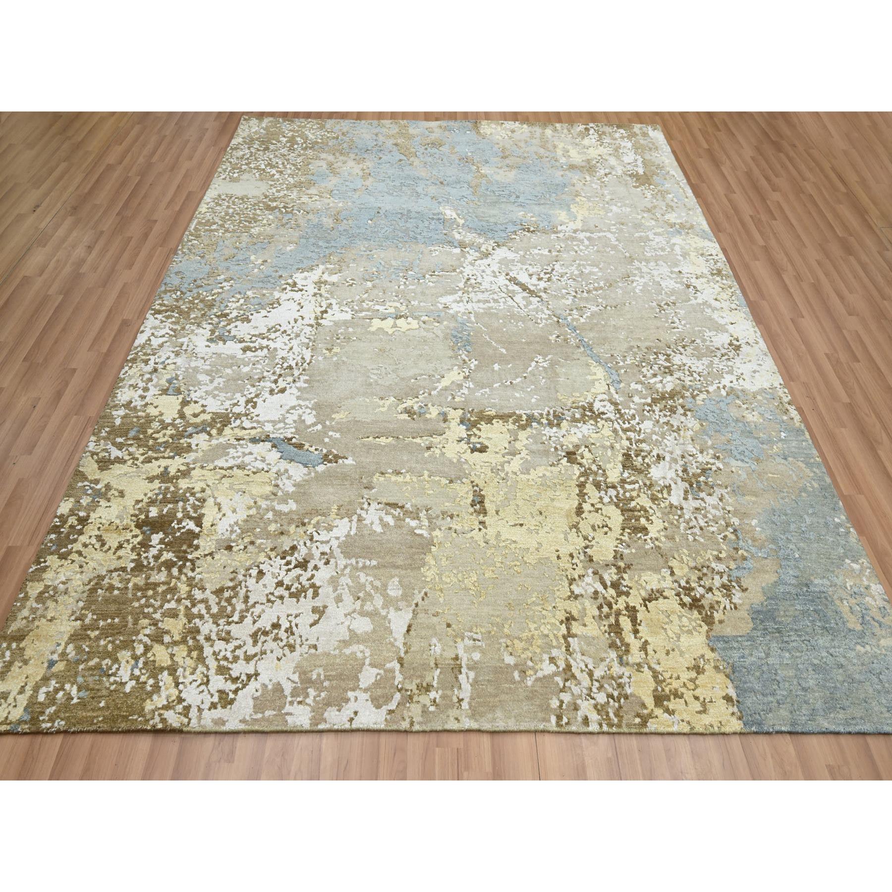 8'x9'8" Beige with Light Blue, 100% Wool, Abstract with Galaxy Design, Persian Knot, Hand Knotted, Densely Woven, Oriental Rug Sh83140