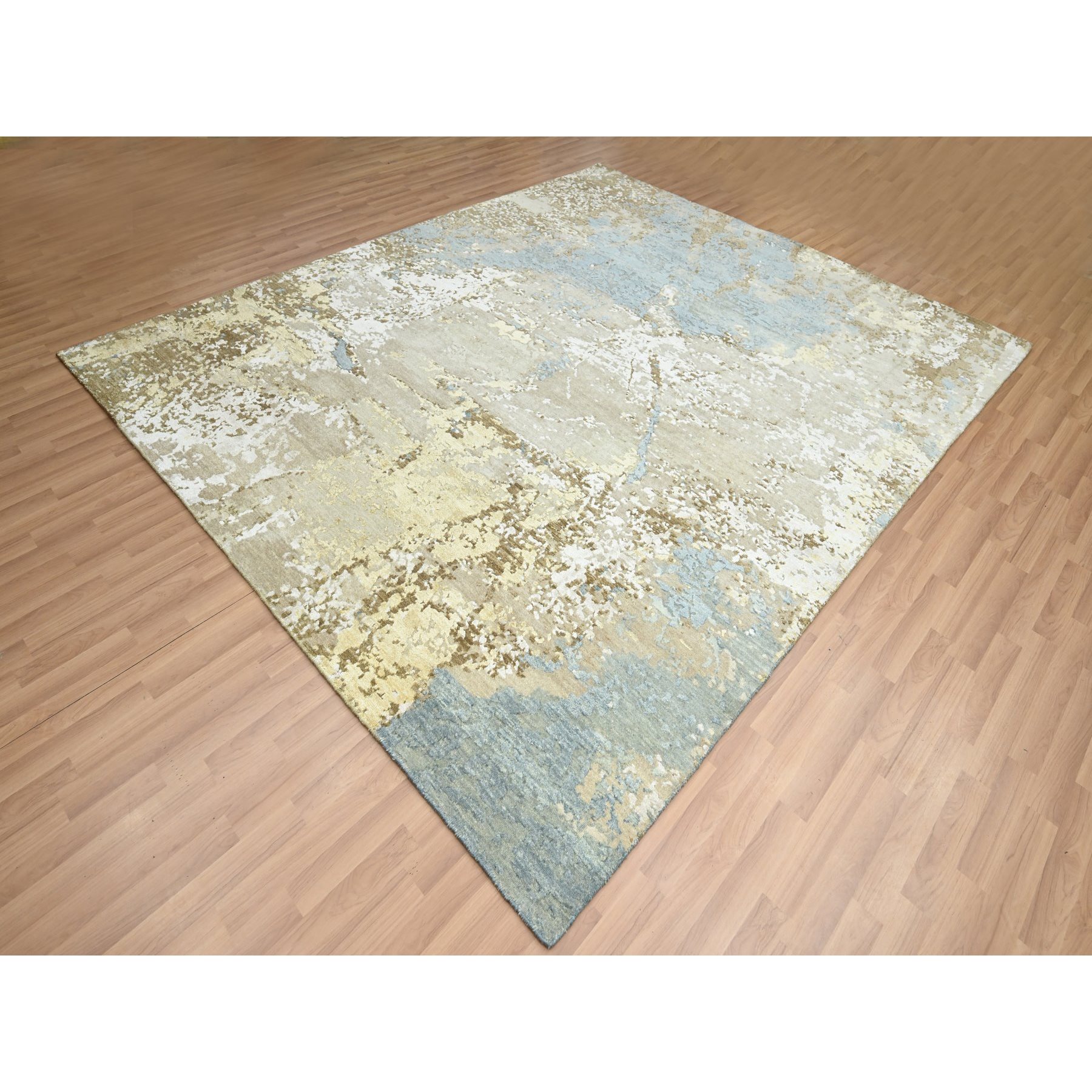 8'x9'8" Beige with Light Blue, 100% Wool, Abstract with Galaxy Design, Persian Knot, Hand Knotted, Densely Woven, Oriental Rug Sh83140