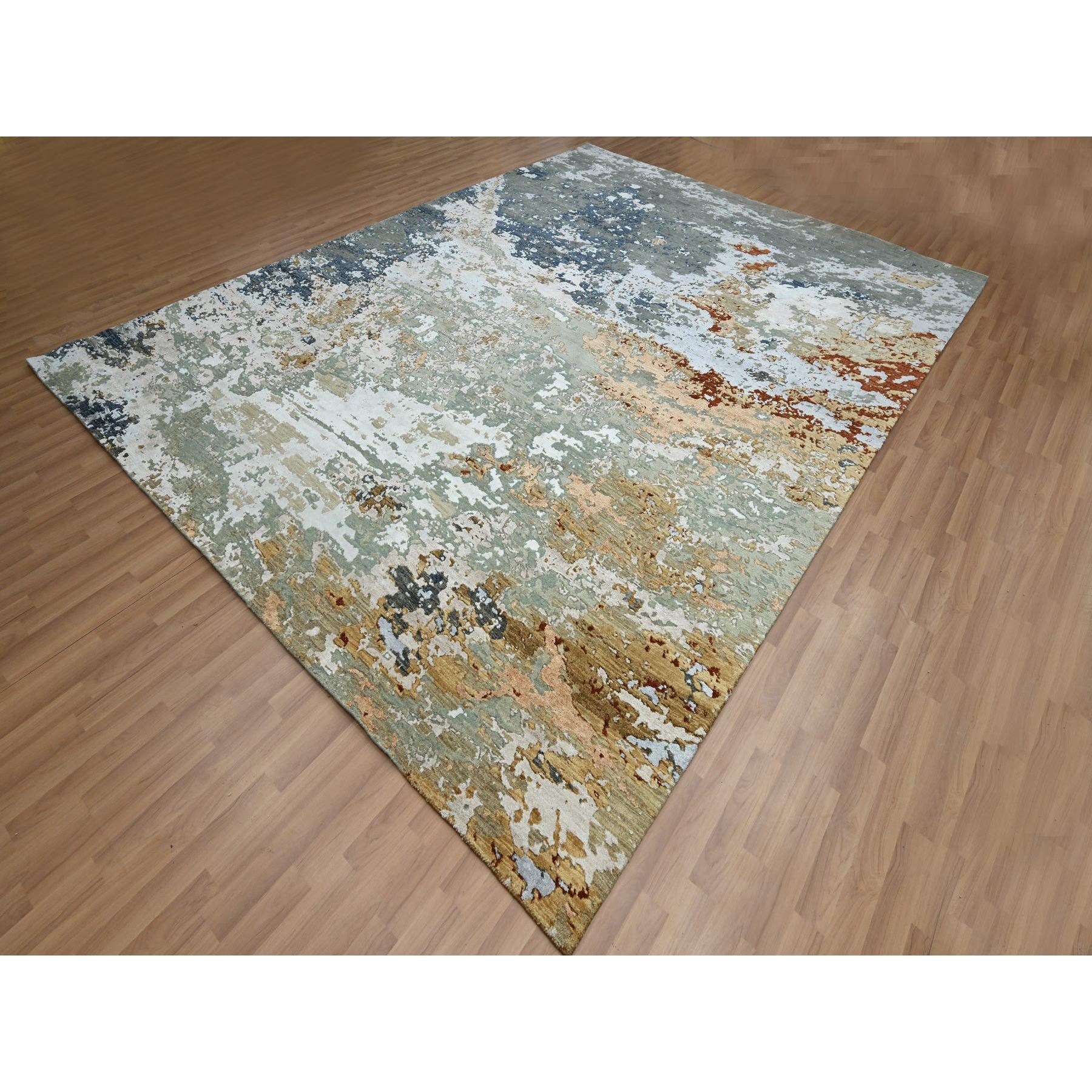 9'x12' Misty Gray, Persian Knot, Colorful Abstract with Galaxy Design, 100% Wool, Hand Knotted, Densely Woven, Oriental Rug Sh83142