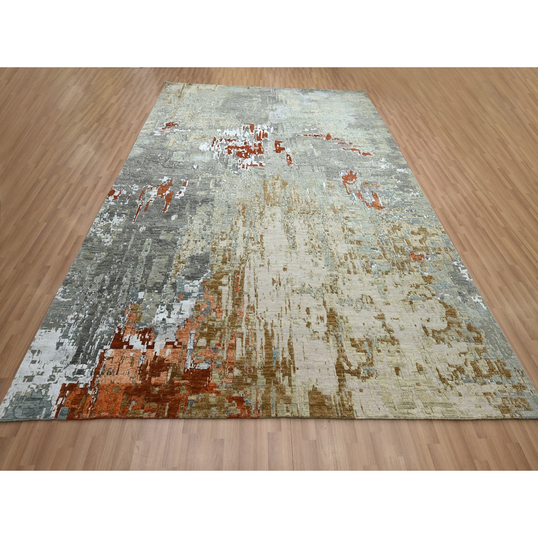 9'x11'9" Shades of Gray with Red, Hand Knotted, Abstract with Galaxy Design, Persian Knot, Pure Wool, Densely Woven, Oriental Rug Sh83143