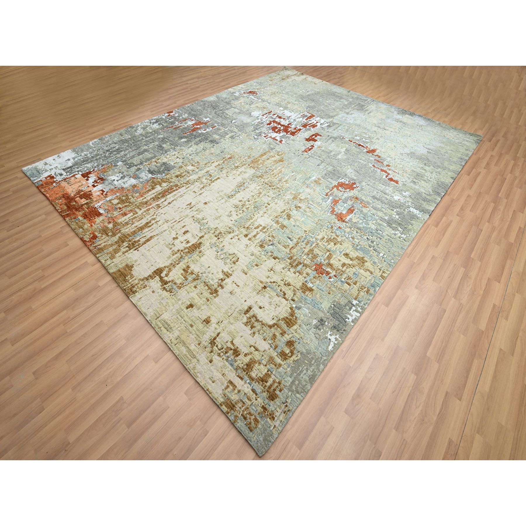 9'x11'9" Shades of Gray with Red, Hand Knotted, Abstract with Galaxy Design, Persian Knot, Pure Wool, Densely Woven, Oriental Rug Sh83143