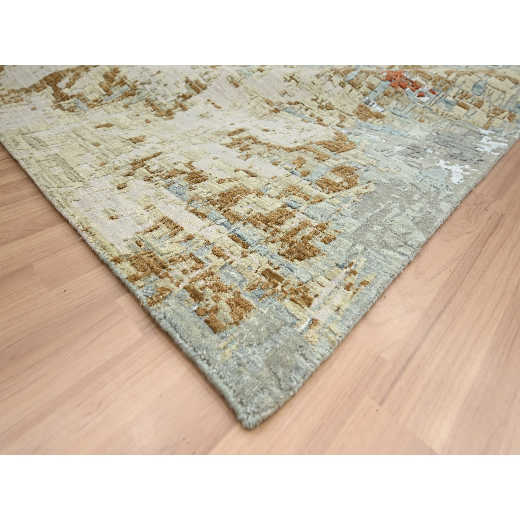 9'x11'9" Shades of Gray with Red, Hand Knotted, Abstract with Galaxy Design, Persian Knot, Pure Wool, Densely Woven, Oriental Rug Sh83143