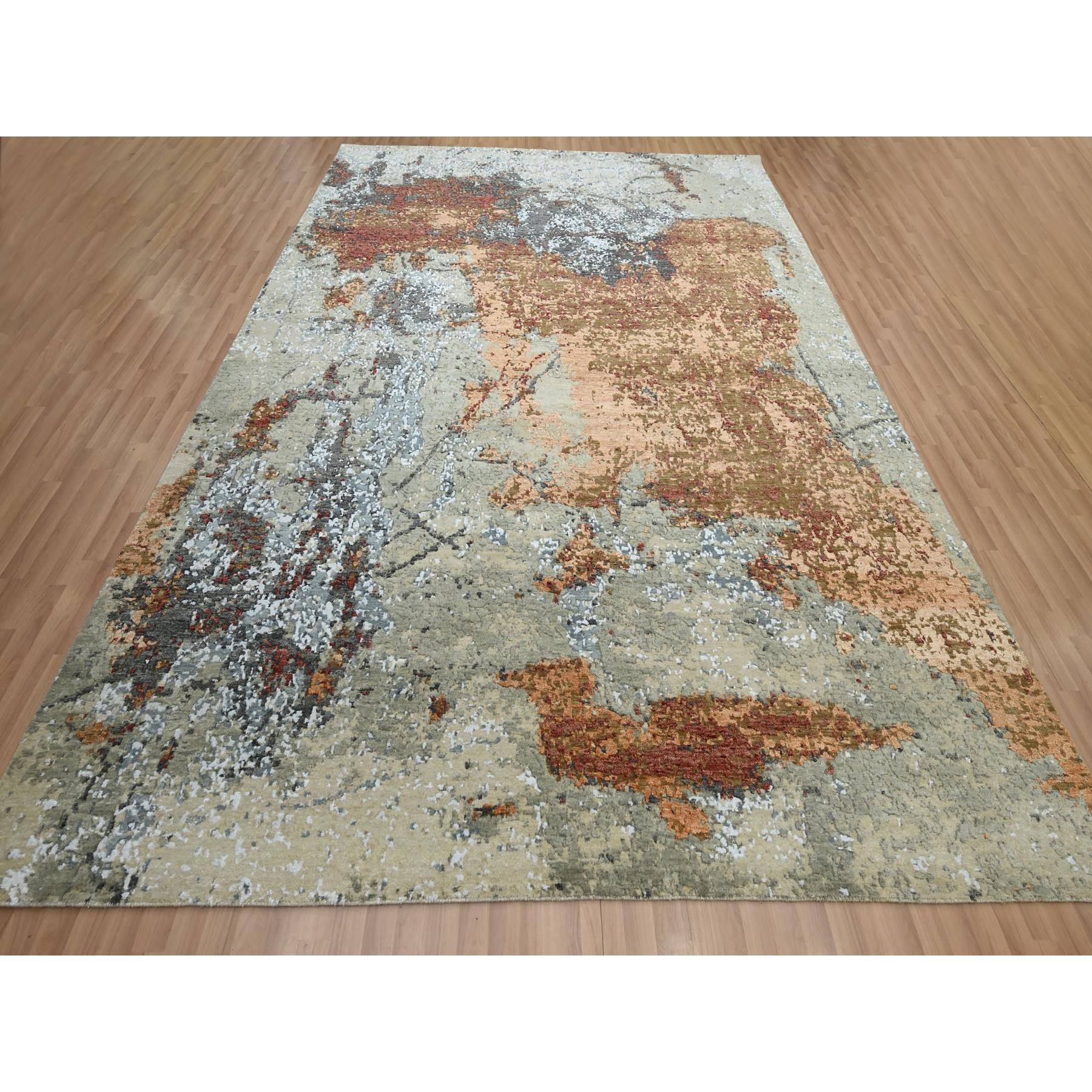9'x12'2" Beige with Rust, Pure Wool, Abstract with Galaxy Design, Persian Knot, Hand Knotted, Densely Woven, Oriental Rug Sh83146