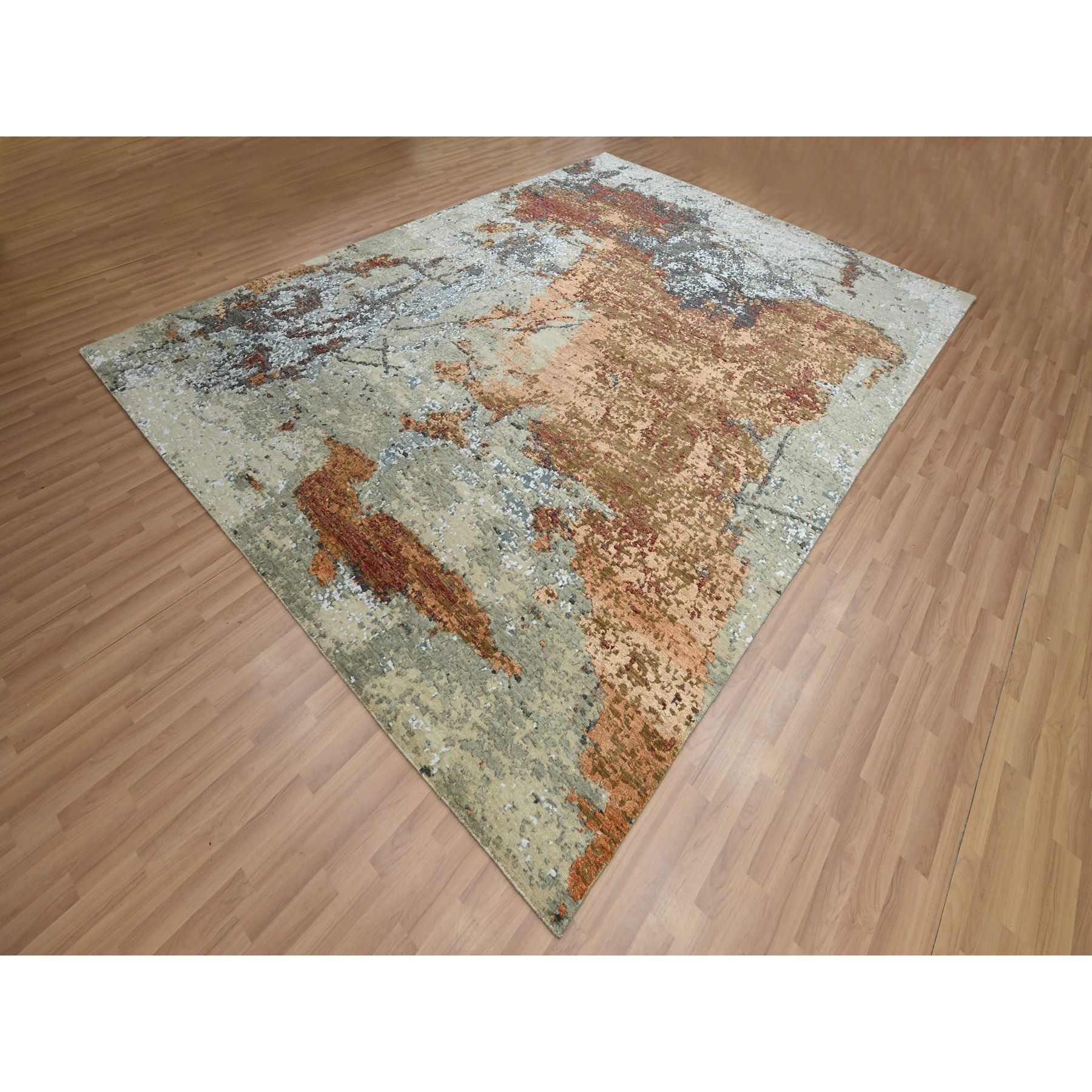 9'x12'2" Beige with Rust, Pure Wool, Abstract with Galaxy Design, Persian Knot, Hand Knotted, Densely Woven, Oriental Rug Sh83146