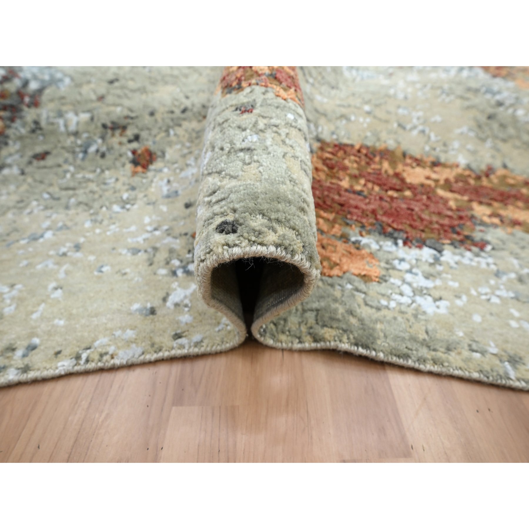 9'x12'2" Beige with Rust, Pure Wool, Abstract with Galaxy Design, Persian Knot, Hand Knotted, Densely Woven, Oriental Rug Sh83146