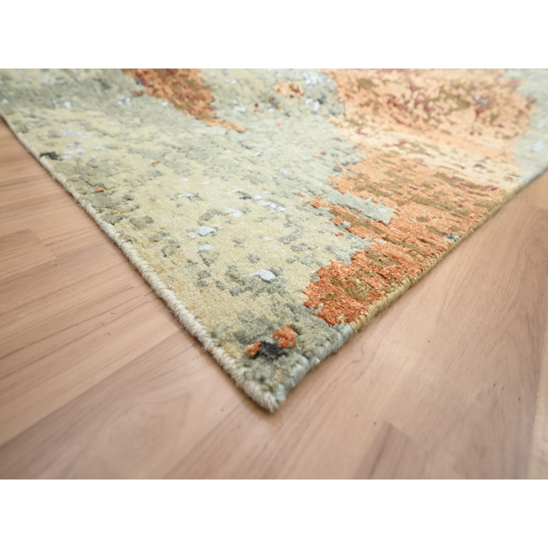 9'x12'2" Beige with Rust, Pure Wool, Abstract with Galaxy Design, Persian Knot, Hand Knotted, Densely Woven, Oriental Rug Sh83146
