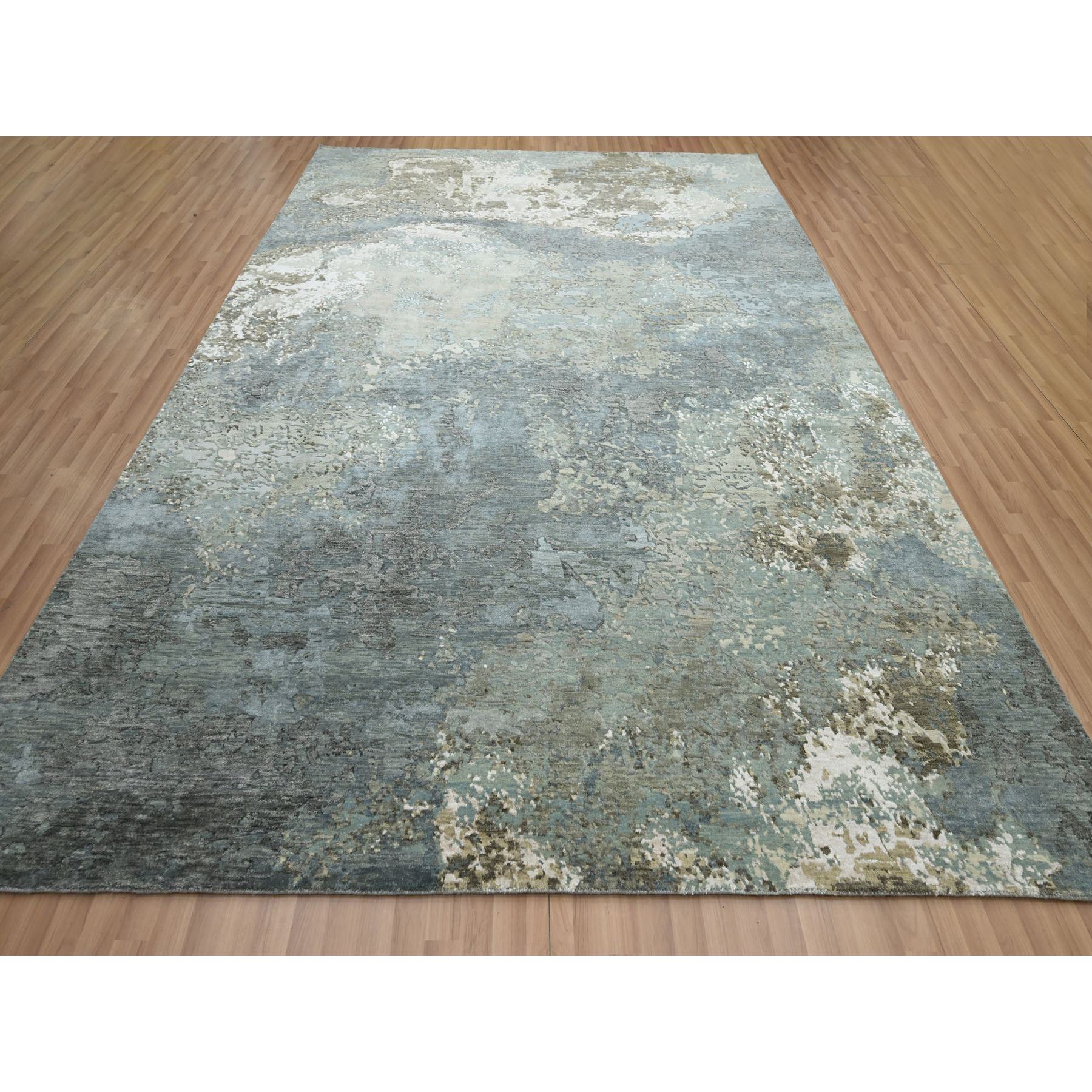 8'9"x12' Shades of Gray, 100% Wool, Abstract with Galaxy Design, Persian Knot, Hand Knotted, Densely Woven, Oriental Rug Sh83147