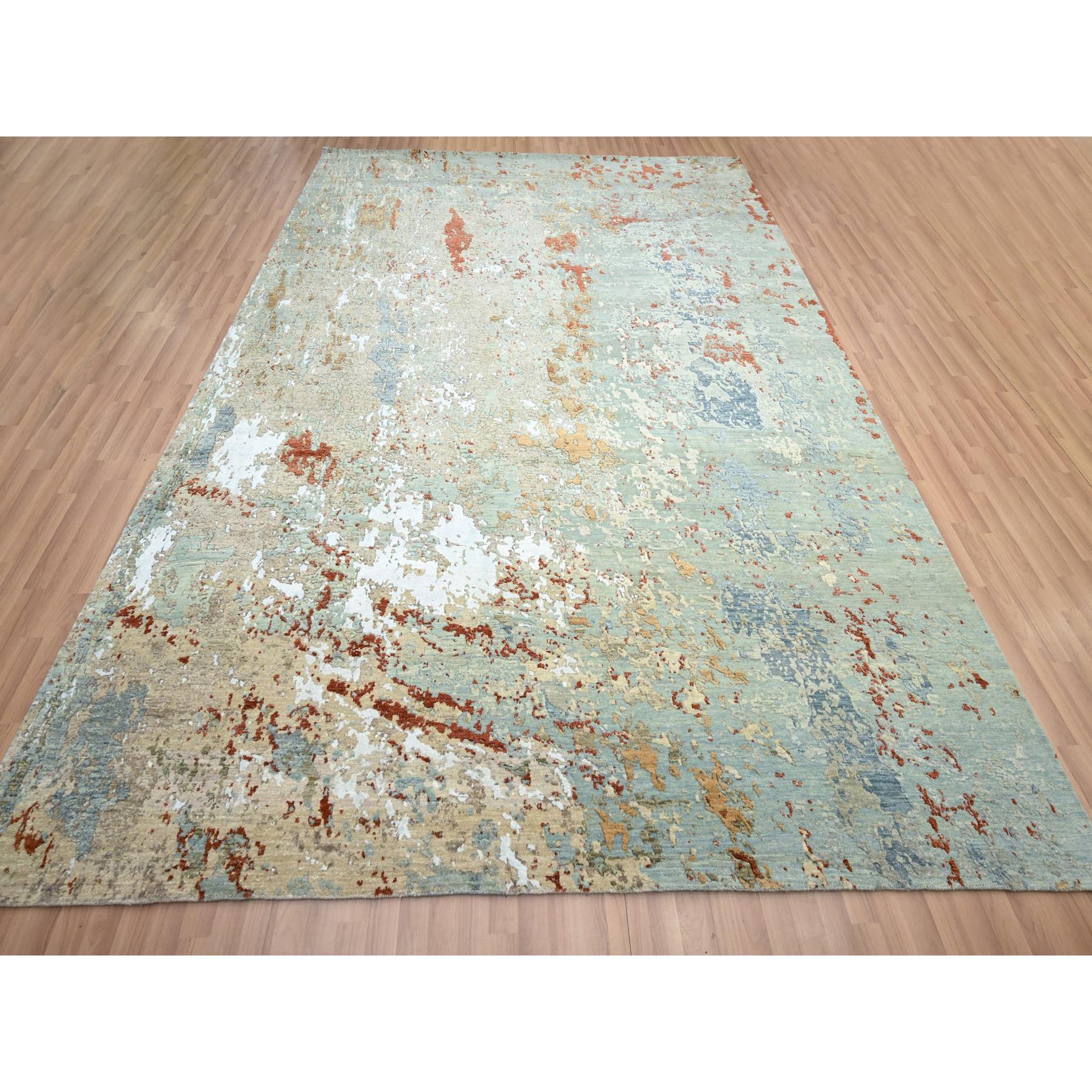 9'x12'3" Pistachio Green with Beige, Persian Knot, Abstract with Galaxy Design, Pure Wool, Hand Knotted, Densely Woven, Oriental Rug Sh83148