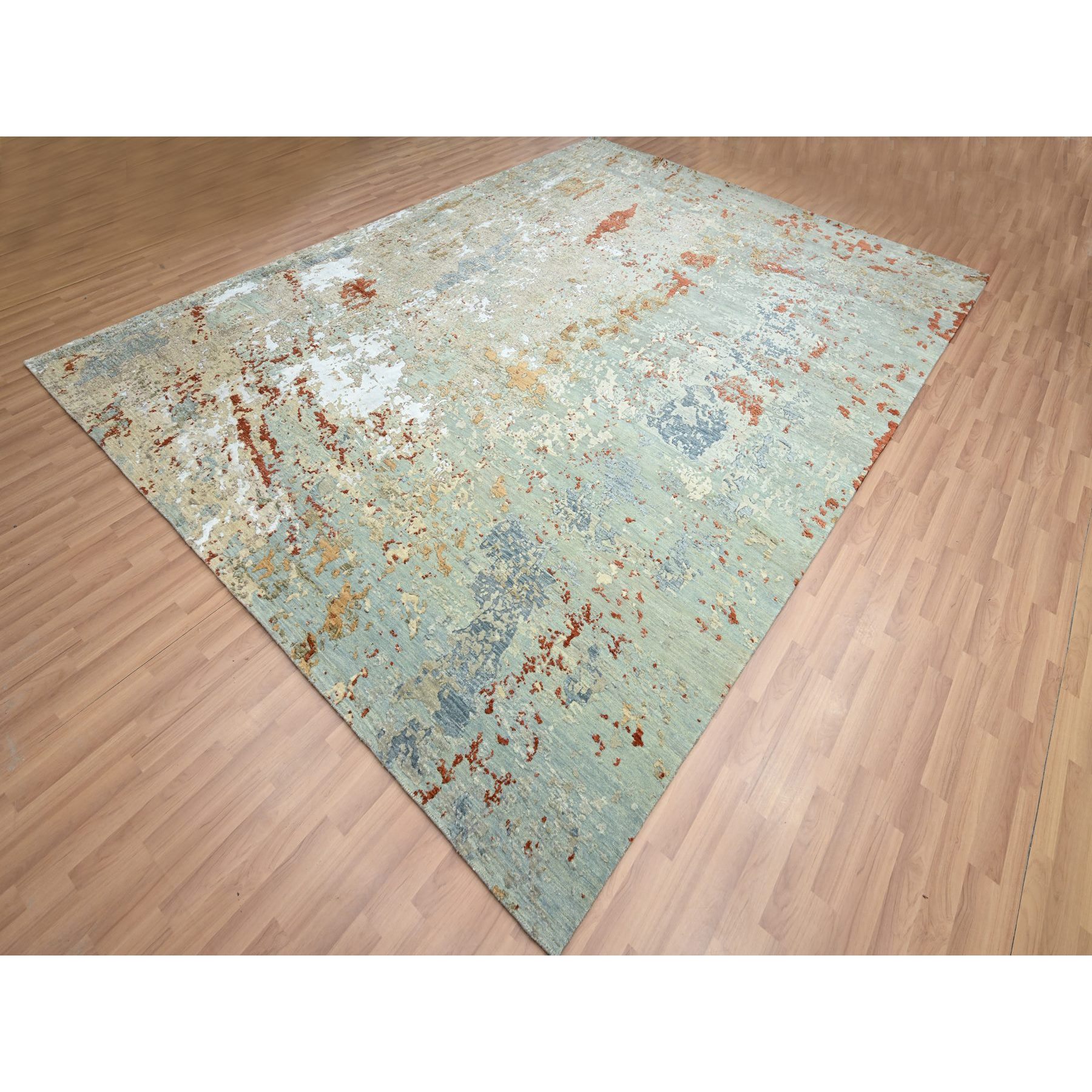 9'x12'3" Pistachio Green with Beige, Persian Knot, Abstract with Galaxy Design, Pure Wool, Hand Knotted, Densely Woven, Oriental Rug Sh83148