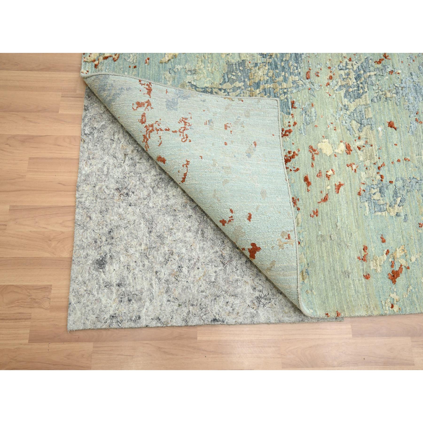 9'x12'3" Pistachio Green with Beige, Persian Knot, Abstract with Galaxy Design, Pure Wool, Hand Knotted, Densely Woven, Oriental Rug Sh83148