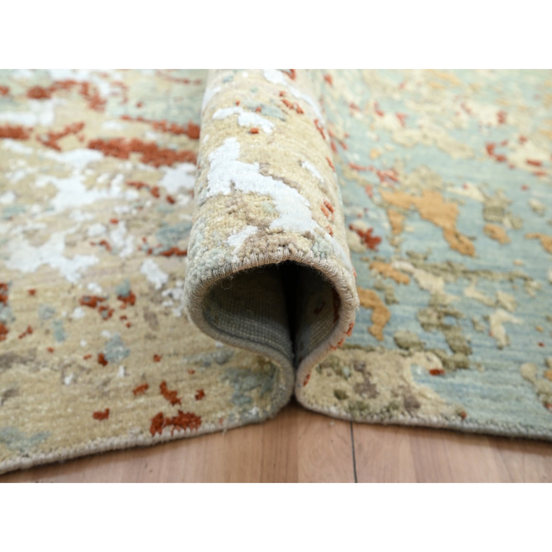 9'x12'3" Pistachio Green with Beige, Persian Knot, Abstract with Galaxy Design, Pure Wool, Hand Knotted, Densely Woven, Oriental Rug Sh83148