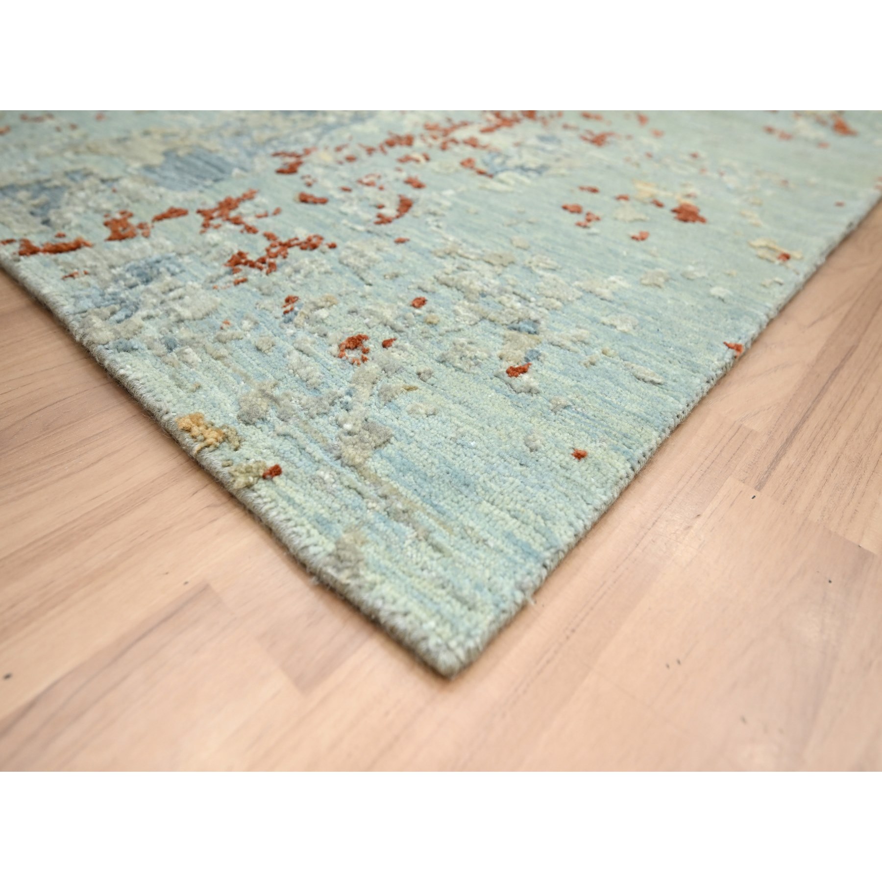 9'x12'3" Pistachio Green with Beige, Persian Knot, Abstract with Galaxy Design, Pure Wool, Hand Knotted, Densely Woven, Oriental Rug Sh83148