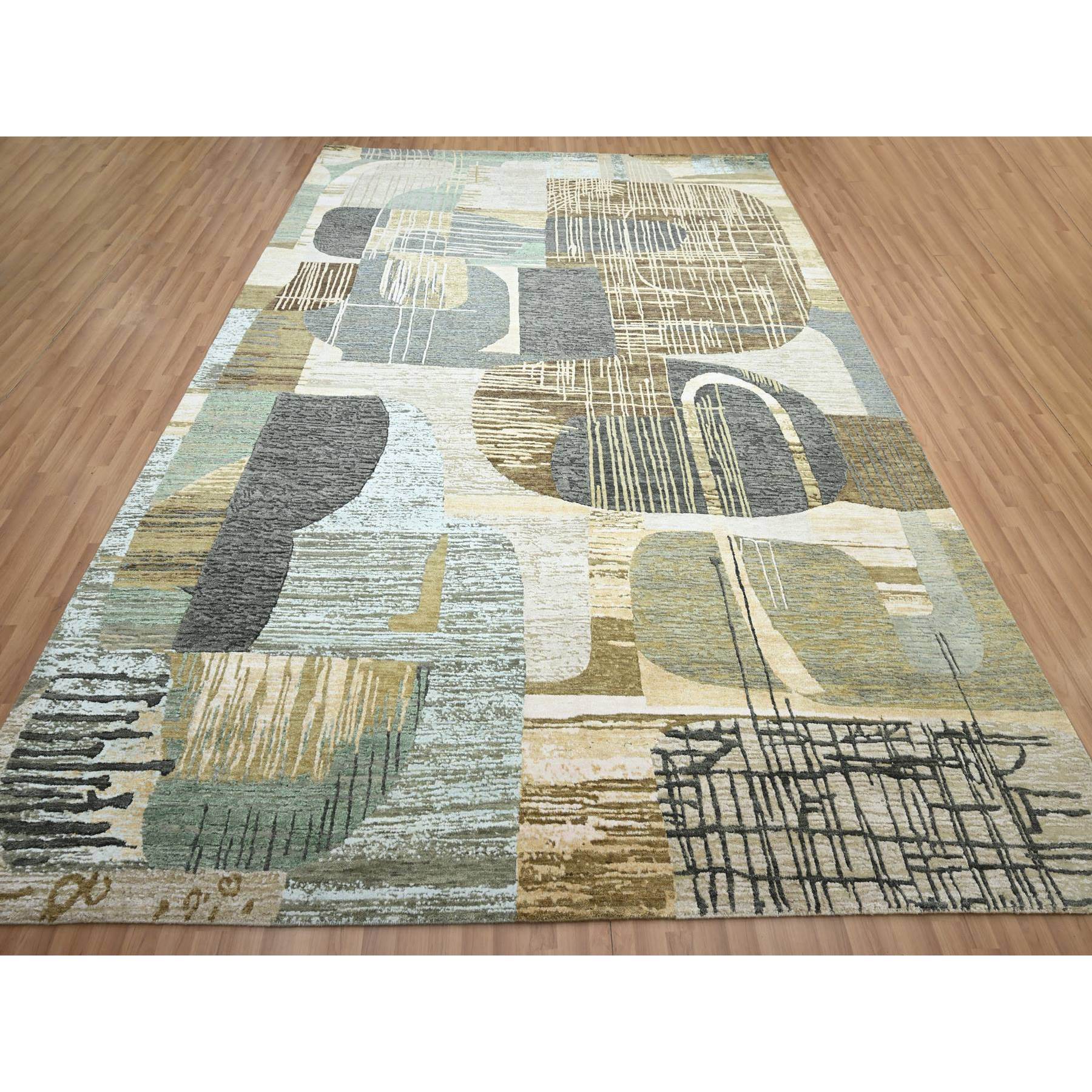 9'x11'9" Charcoal Gray with Brown, Abstract Geometric Pattern, Persian Knot, Hand Knotted, 100% Wool, Densely Woven, Oriental Rug Sh83149