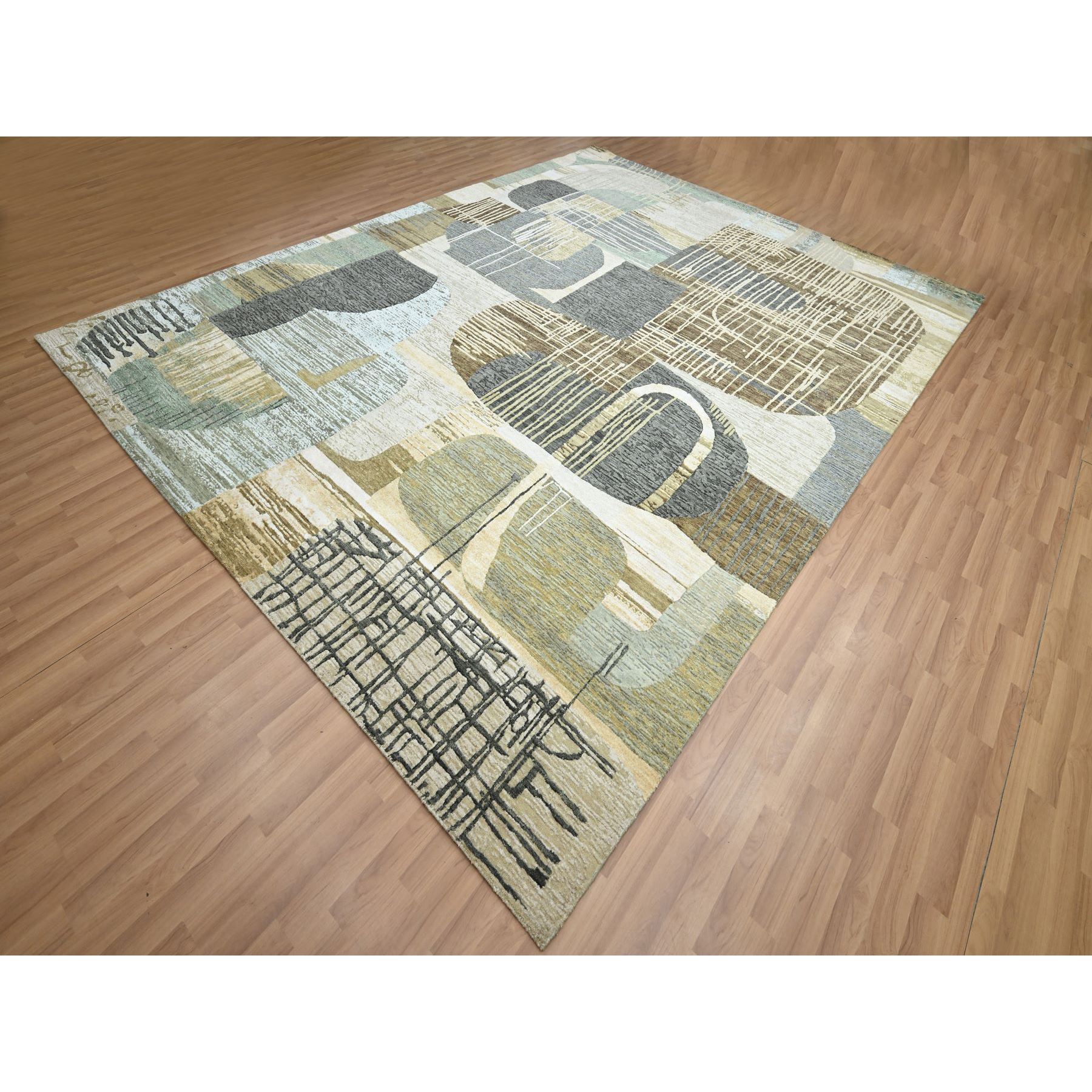 9'x11'9" Charcoal Gray with Brown, Abstract Geometric Pattern, Persian Knot, Hand Knotted, 100% Wool, Densely Woven, Oriental Rug Sh83149