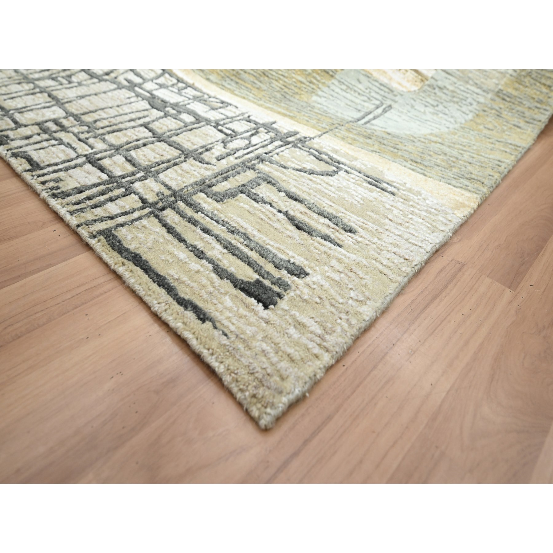 9'x11'9" Charcoal Gray with Brown, Abstract Geometric Pattern, Persian Knot, Hand Knotted, 100% Wool, Densely Woven, Oriental Rug Sh83149