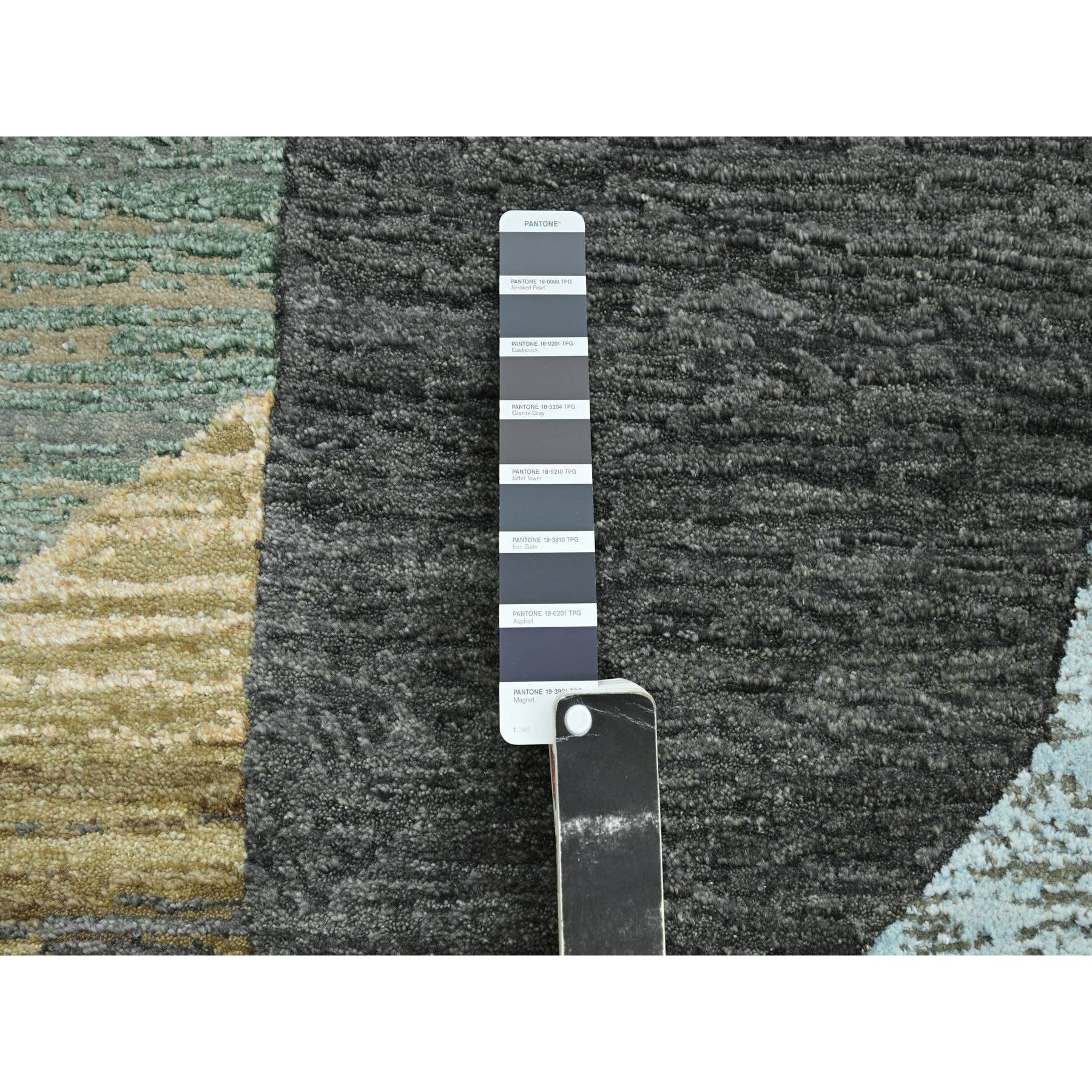 9'x11'9" Charcoal Gray with Brown, Abstract Geometric Pattern, Persian Knot, Hand Knotted, 100% Wool, Densely Woven, Oriental Rug Sh83149