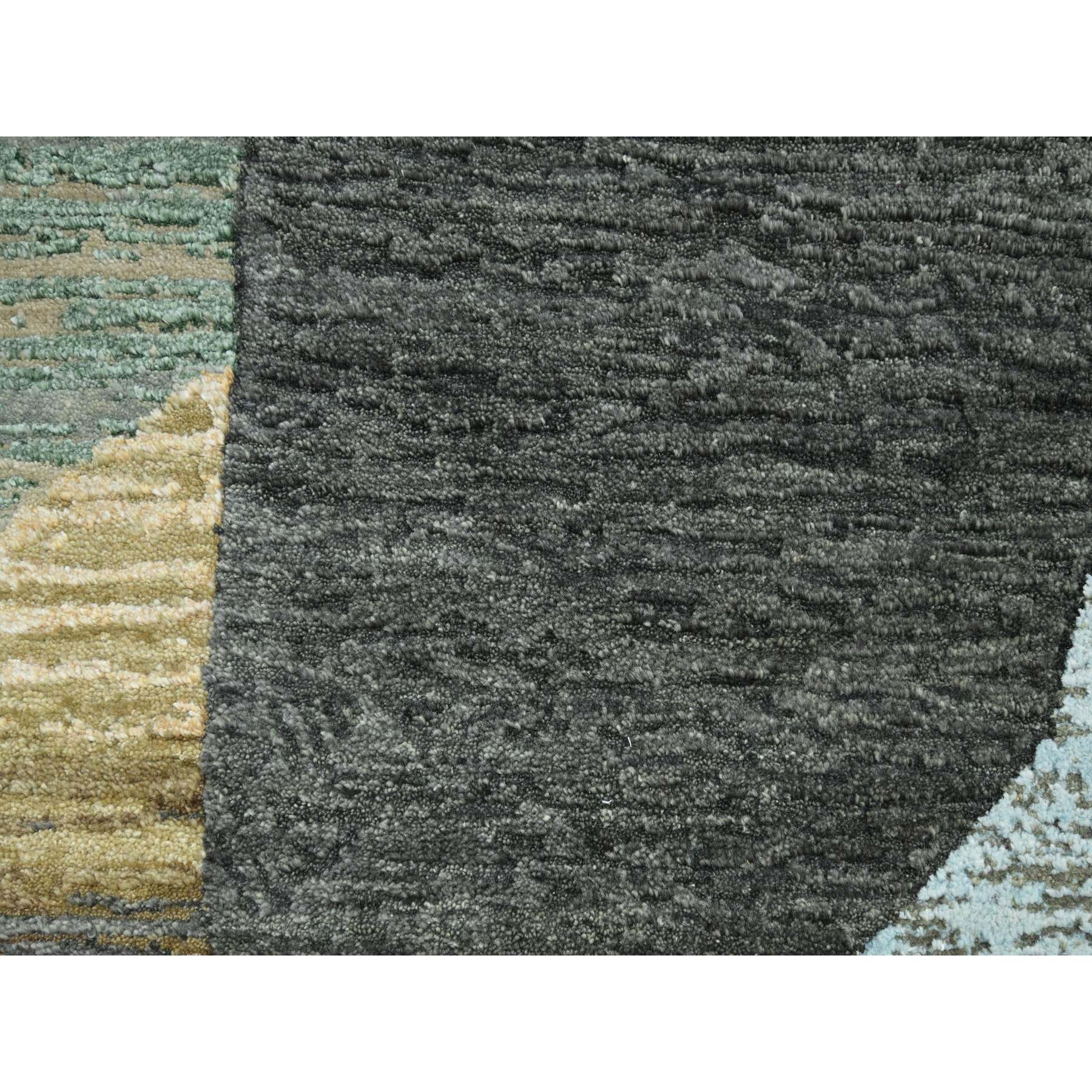 9'x11'9" Charcoal Gray with Brown, Abstract Geometric Pattern, Persian Knot, Hand Knotted, 100% Wool, Densely Woven, Oriental Rug Sh83149