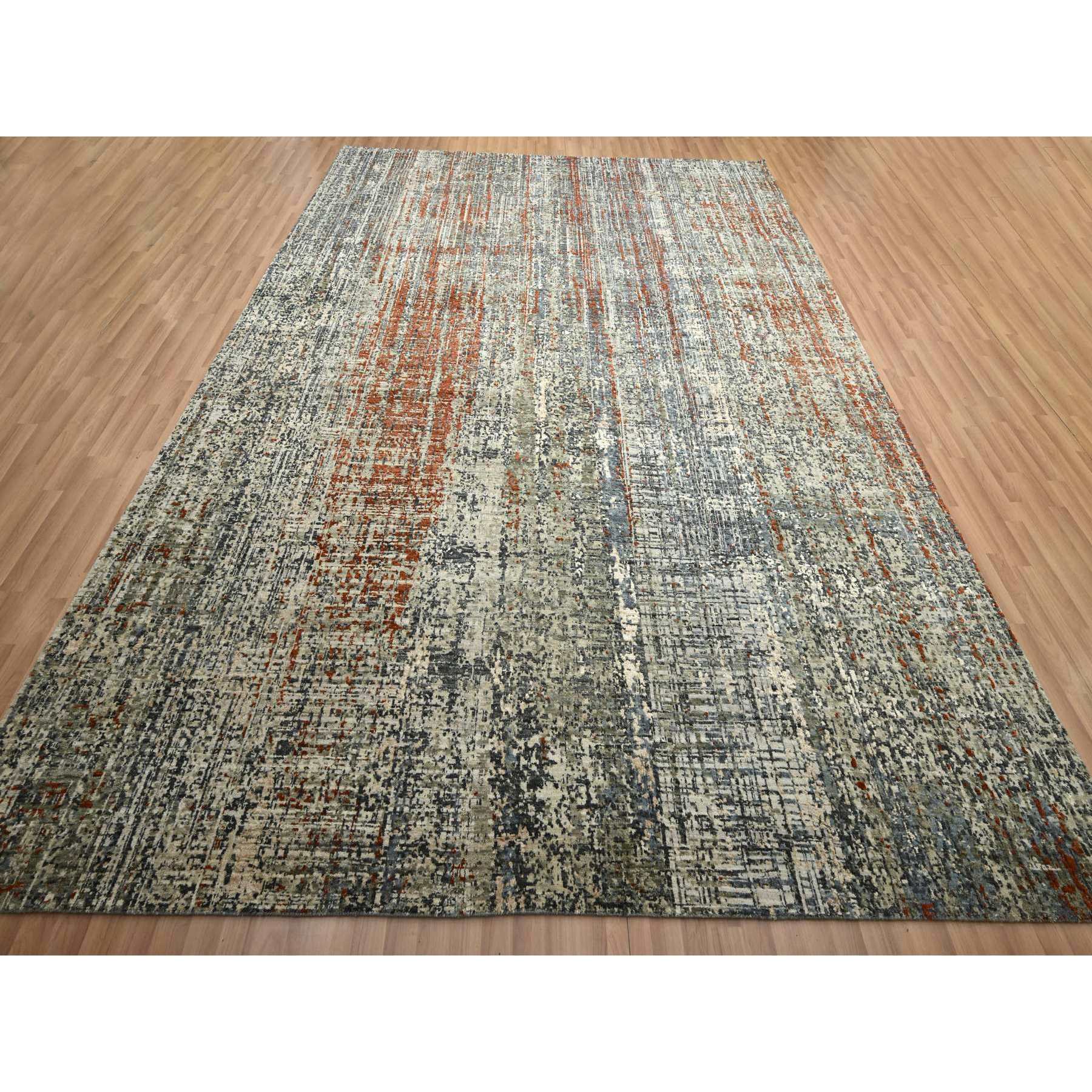 9'x12'3" Beige with Rust Red, Persian Knot, Abstract with Galaxy Design, 100% Wool, Hand Knotted, Densely Woven, Oriental Rug Sh83150