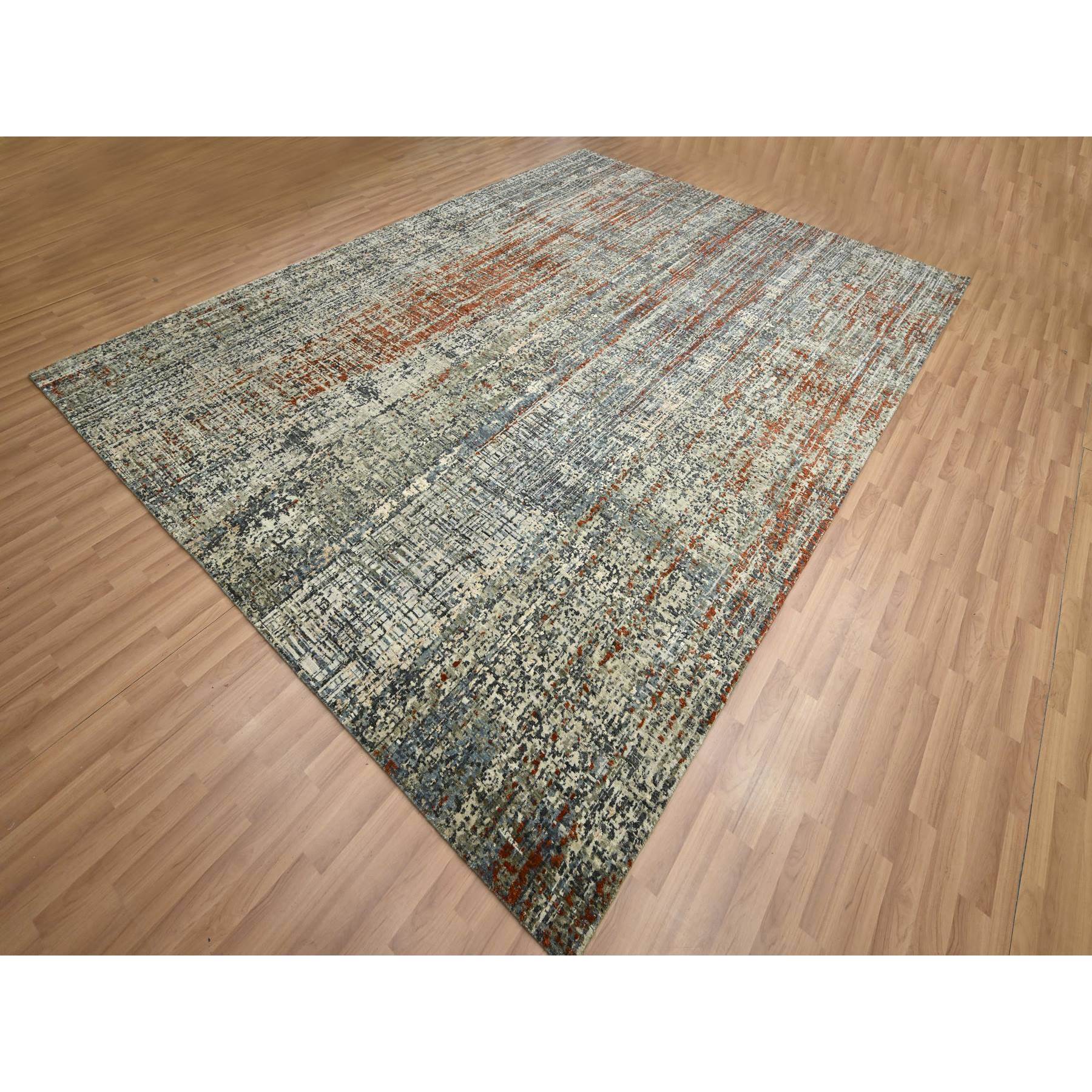 9'x12'3" Beige with Rust Red, Persian Knot, Abstract with Galaxy Design, 100% Wool, Hand Knotted, Densely Woven, Oriental Rug Sh83150