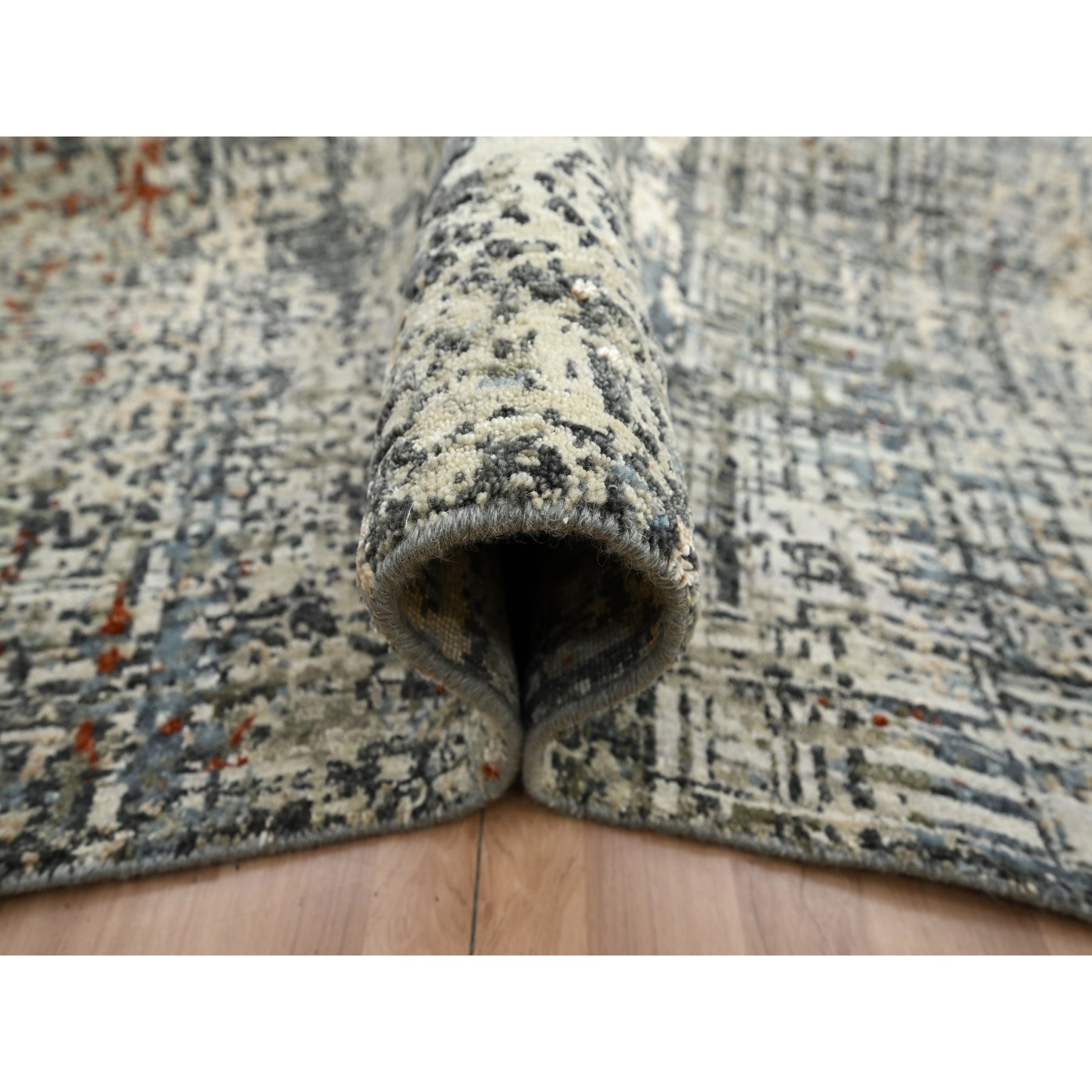 9'x12'3" Beige with Rust Red, Persian Knot, Abstract with Galaxy Design, 100% Wool, Hand Knotted, Densely Woven, Oriental Rug Sh83150