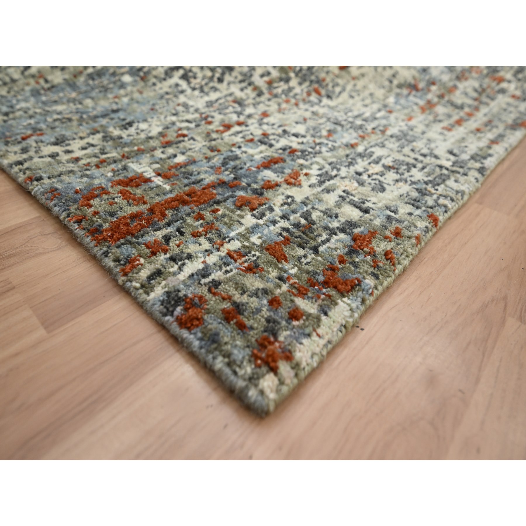 9'x12'3" Beige with Rust Red, Persian Knot, Abstract with Galaxy Design, 100% Wool, Hand Knotted, Densely Woven, Oriental Rug Sh83150