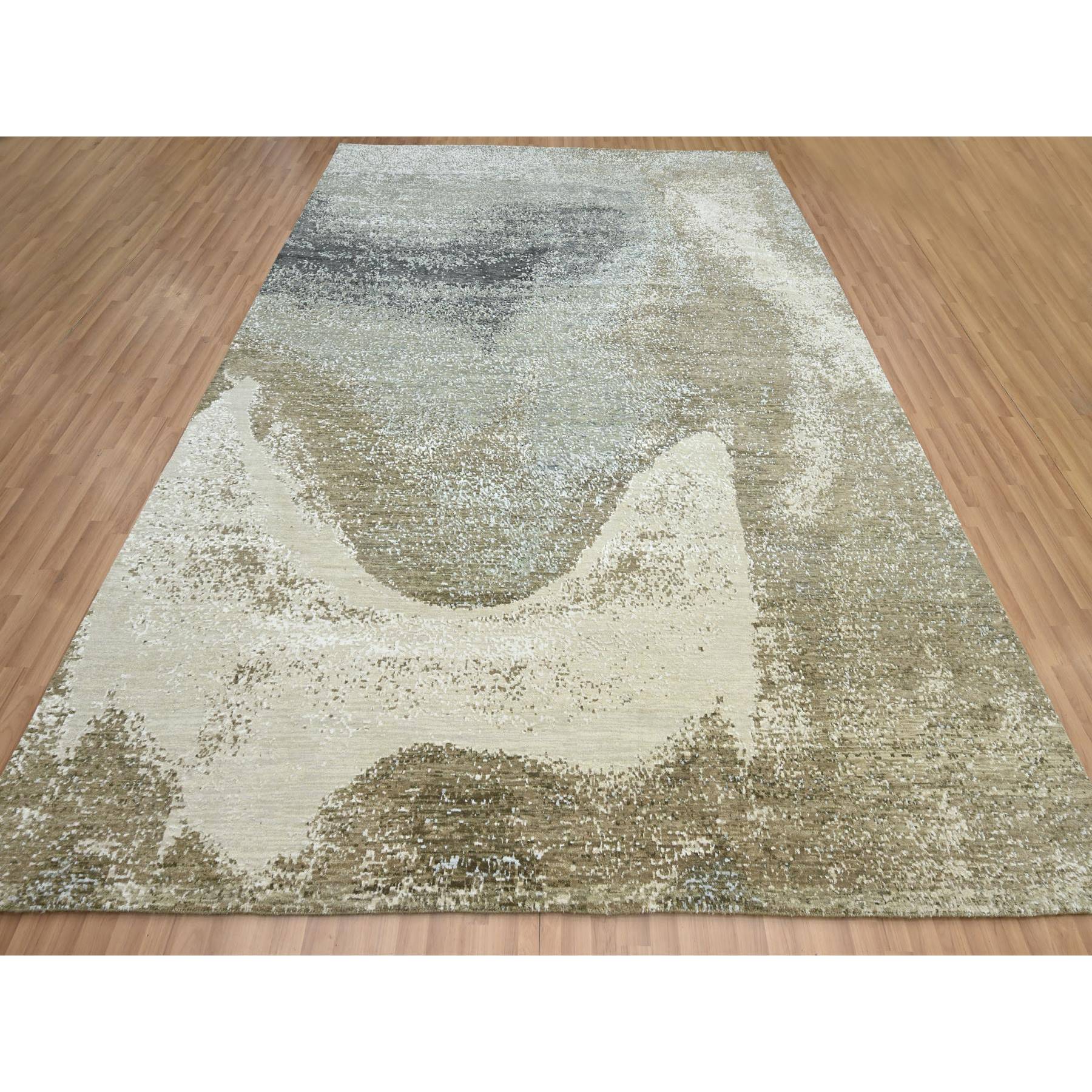 9'x12' Shades of Gray with Brown, Abstract with Galaxy Design, Persian Knot, 100% Wool, Hand Knotted, Densely Woven, Oriental Rug Sh83151