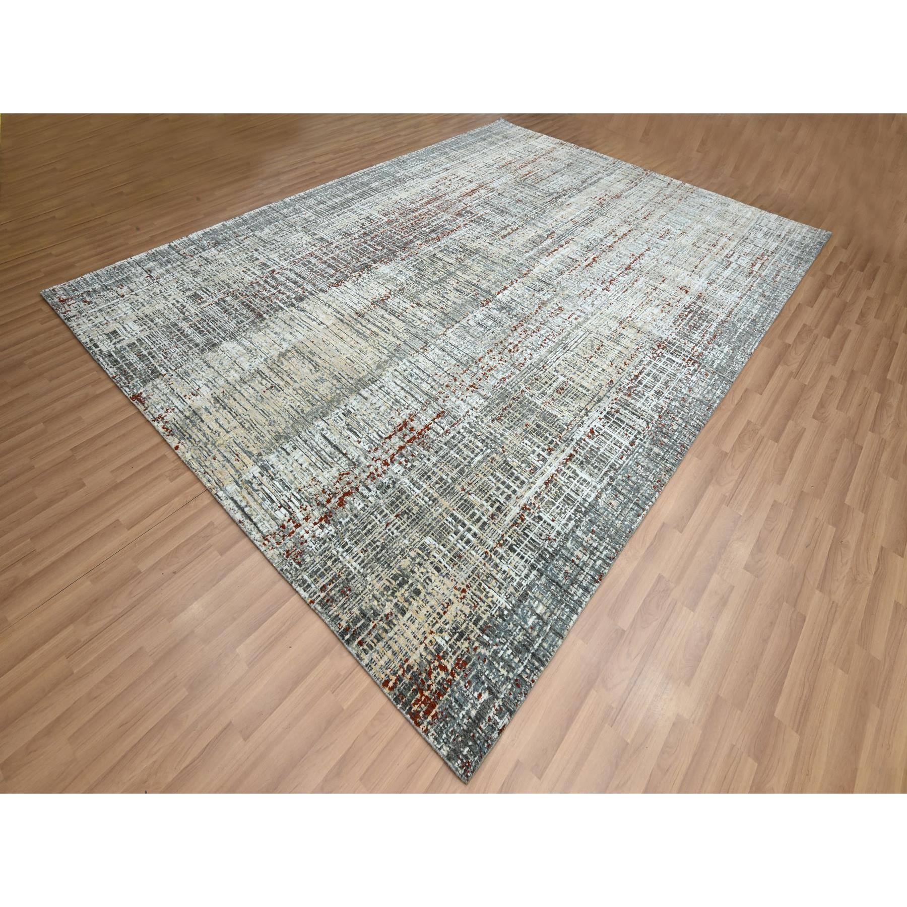 9'x12'3" Anchor Gray with Beige, Persian Knot, Abstract with Galaxy Design, 100% Wool, Hand Knotted, Densely Woven, Oriental Rug Sh83152