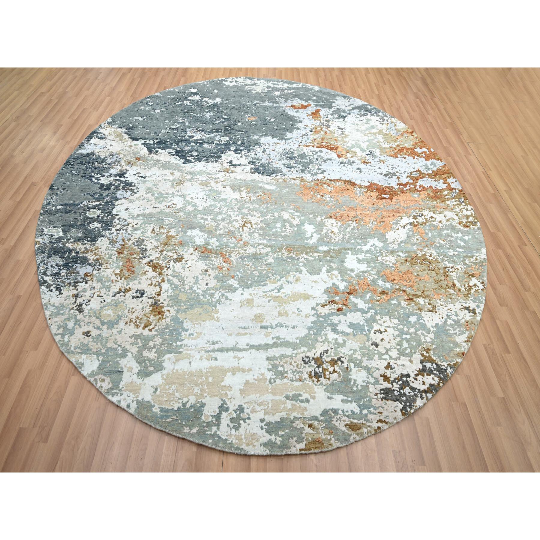 9'9"x9'9" Shades of Gray, Persian Knot, Abstract with Galaxy Design, Pure Wool, Hand Knotted, Densely Woven, Round, Oriental Rug Sh83153