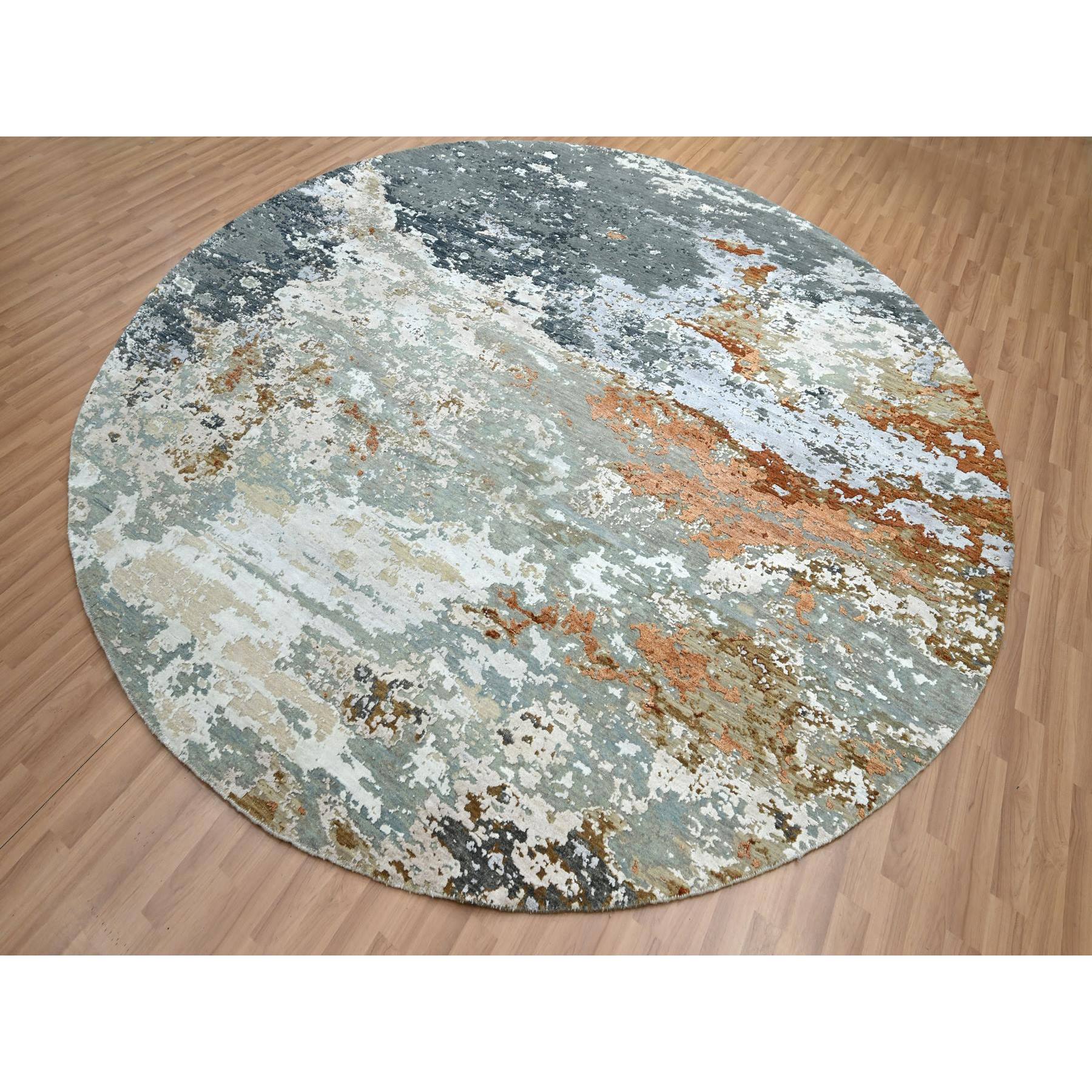 9'9"x9'9" Shades of Gray, Persian Knot, Abstract with Galaxy Design, Pure Wool, Hand Knotted, Densely Woven, Round, Oriental Rug Sh83153