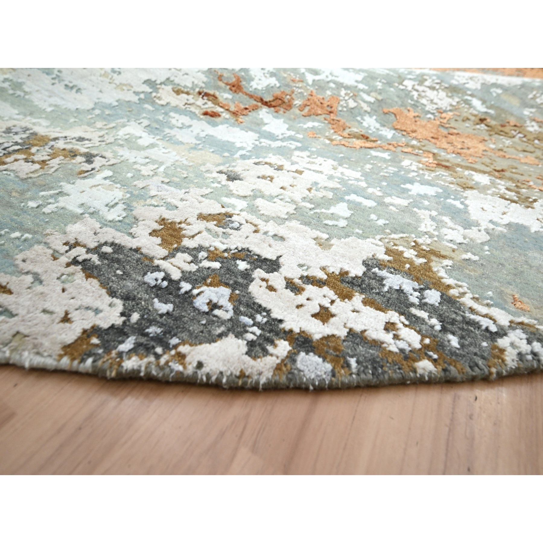 9'9"x9'9" Shades of Gray, Persian Knot, Abstract with Galaxy Design, Pure Wool, Hand Knotted, Densely Woven, Round, Oriental Rug Sh83153