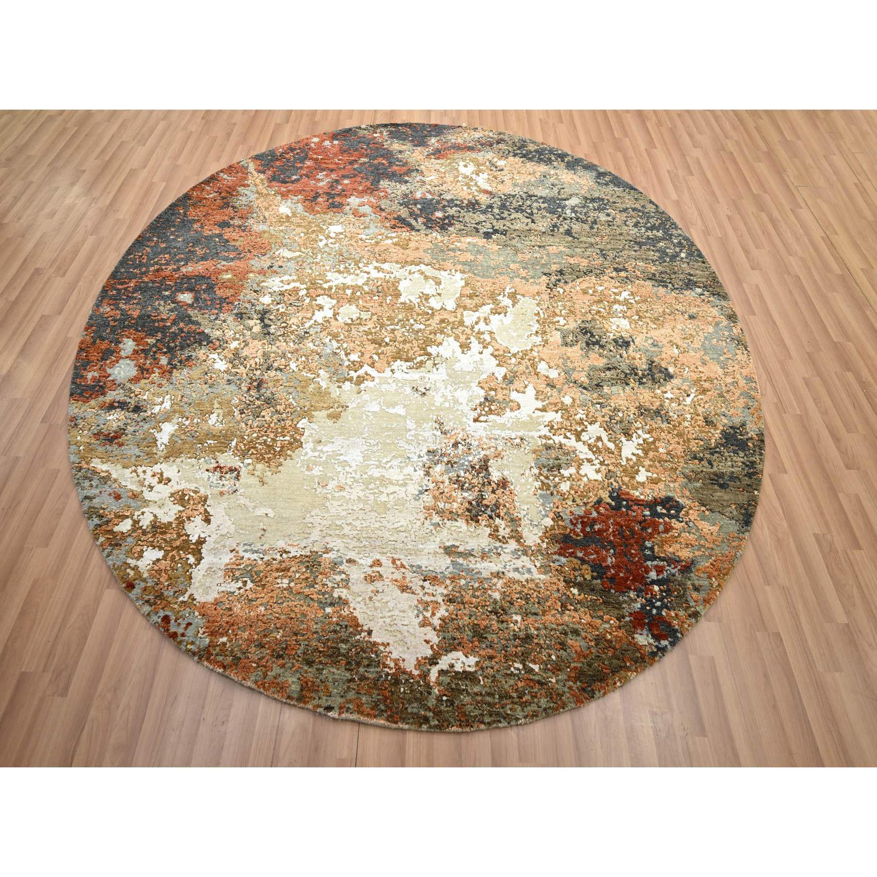8'3"x8'3" Charcoal Gray with Beige, Densely Woven, Colorful Abstract with Galaxy Design, Persian Knot, 100% Wool, Hand Knotted, Round, Oriental Rug Sh83154