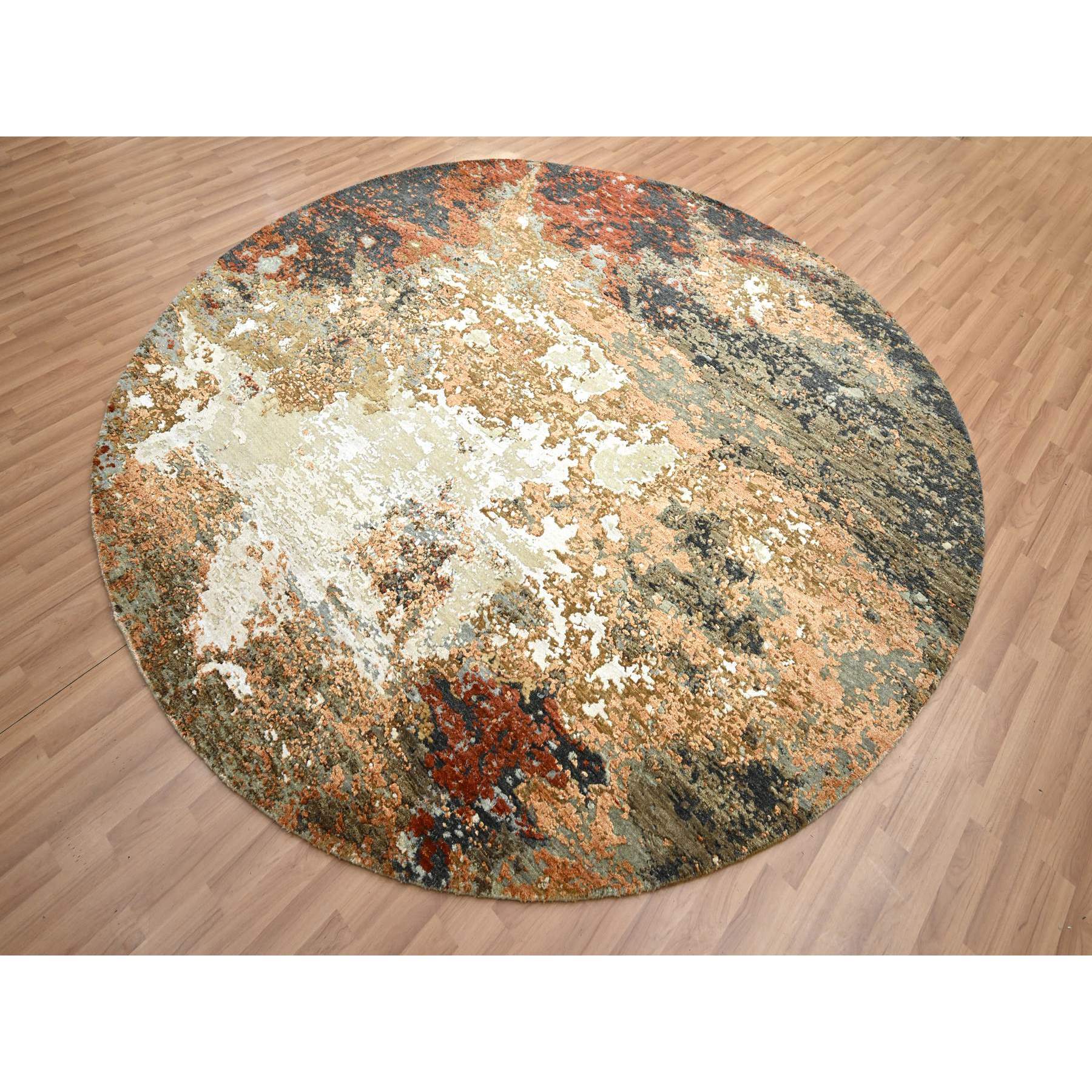 8'3"x8'3" Charcoal Gray with Beige, Densely Woven, Colorful Abstract with Galaxy Design, Persian Knot, 100% Wool, Hand Knotted, Round, Oriental Rug Sh83154